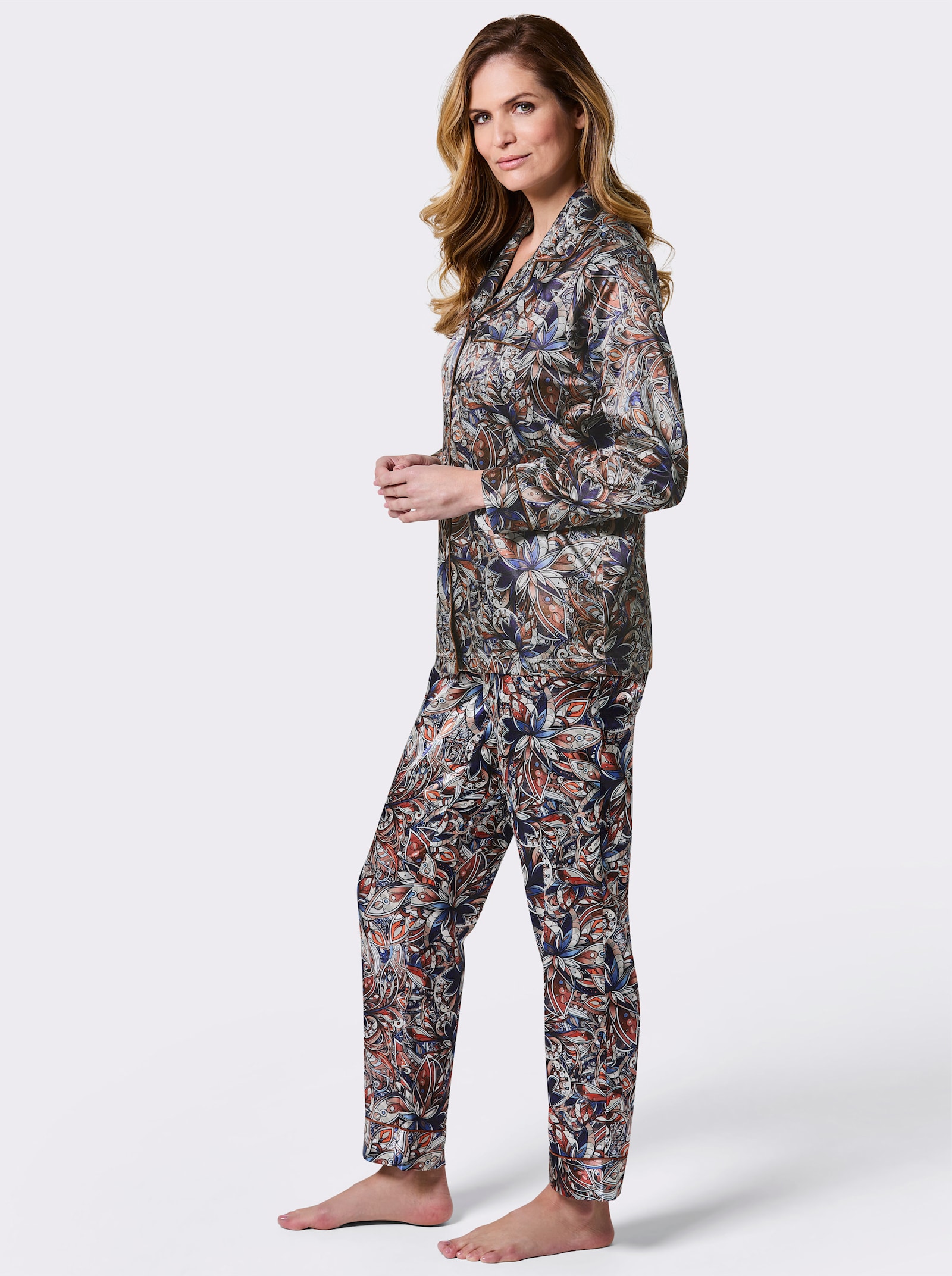 wäschepur Pyjama in Satin-Qualität - marine-cognac-bedruckt