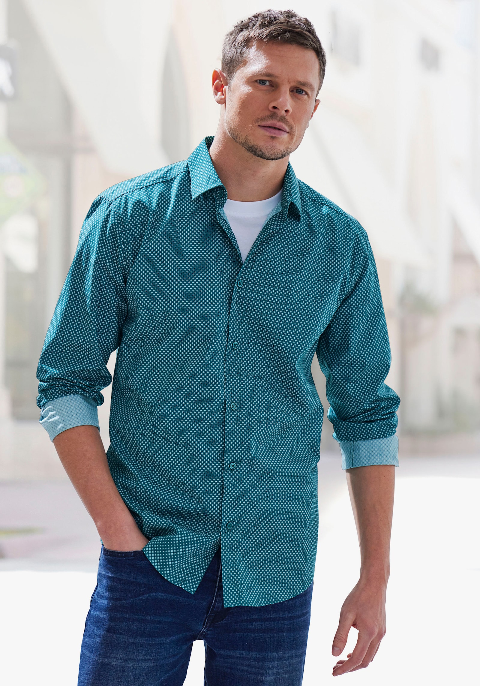 H.I.S Langarmhemd - petrol-bedruckt