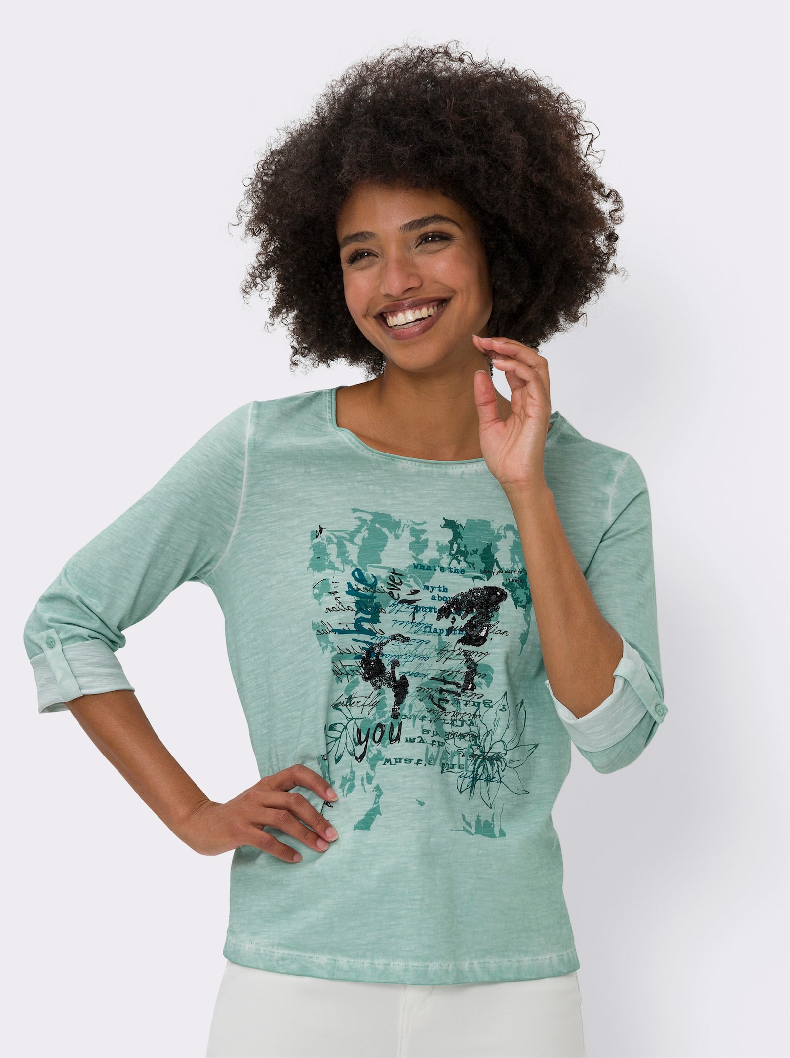 heine Print-Shirt mit Pailletten - kalkmint