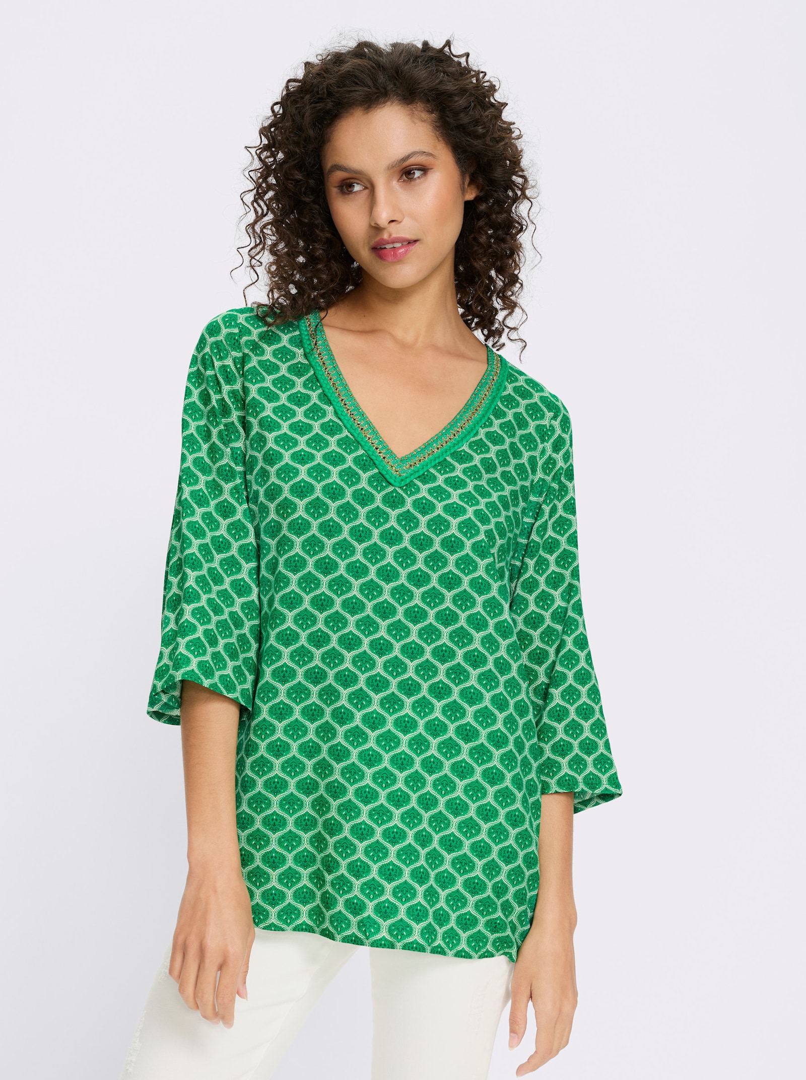 heine Tunika mit Trompetenärmeln - grasgrün-ecru-bedruckt