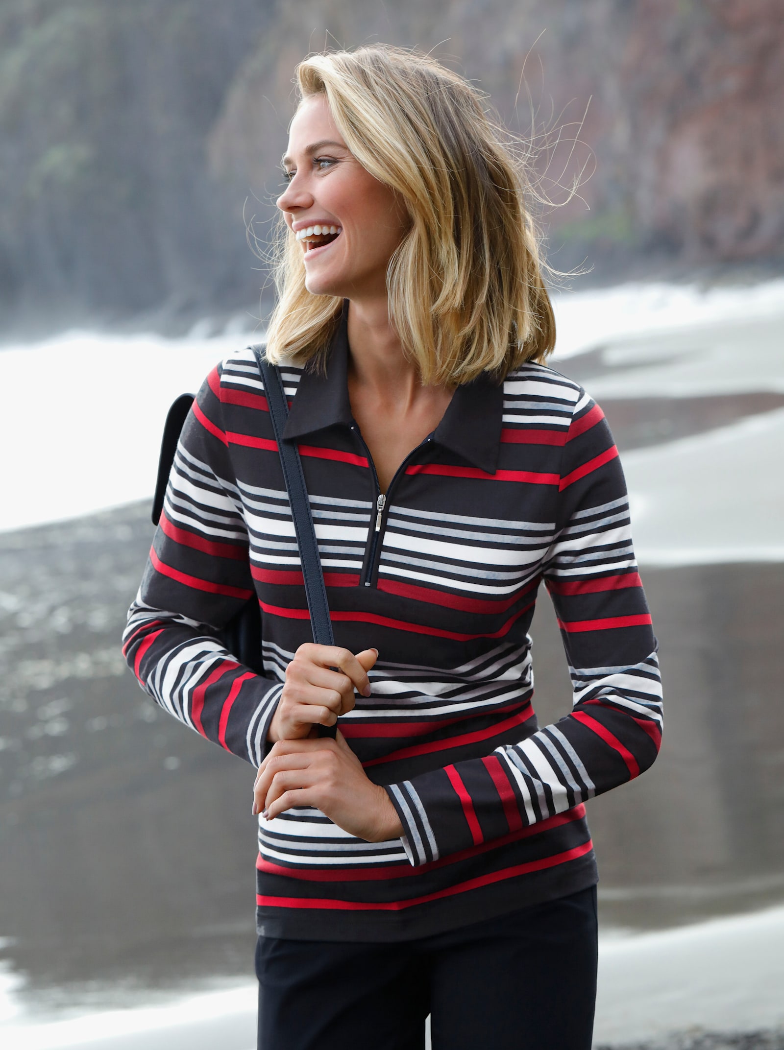 Poloshirt mit kurzem Zipper - rot-schwarz-geringelt