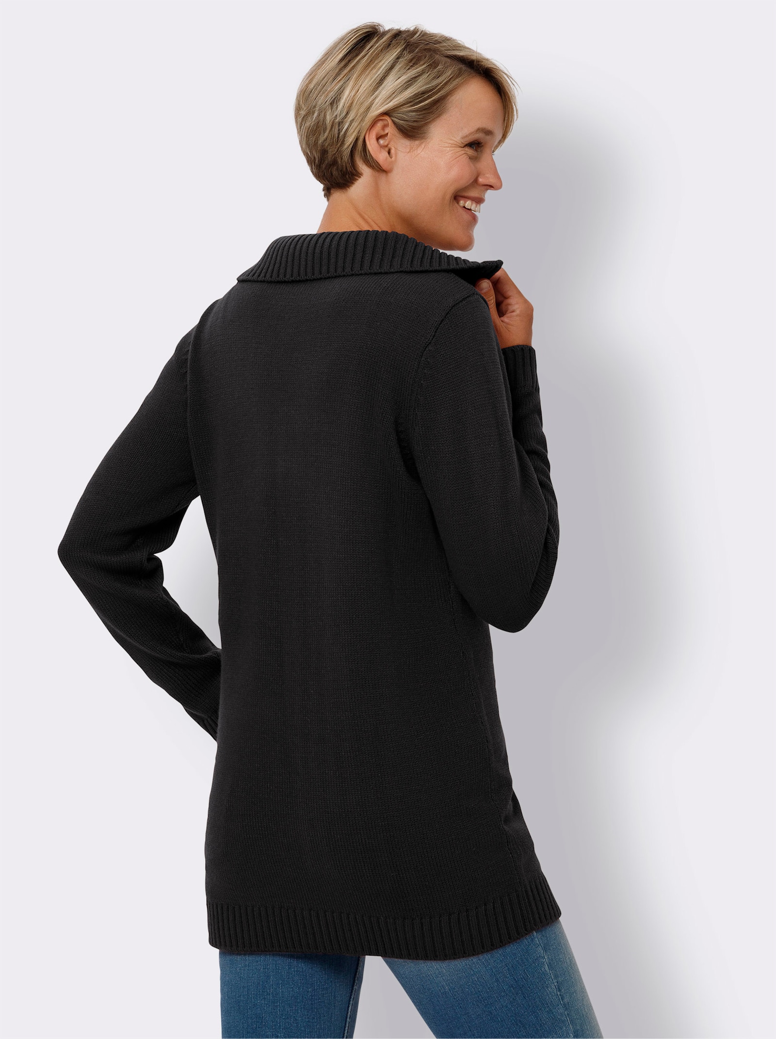 Dlouhý svetr se špičatým límcem, snadná údržba - černá