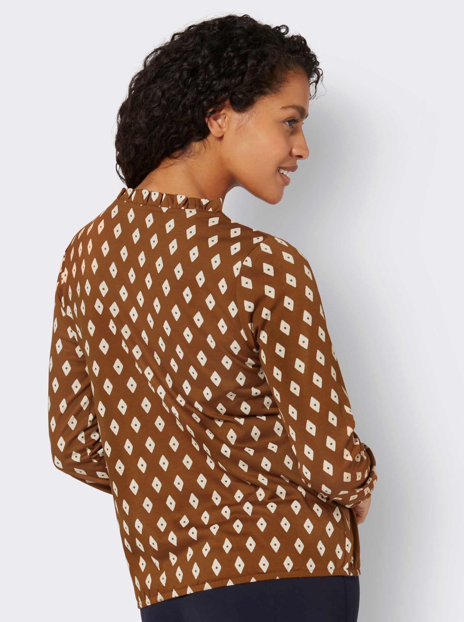 Langarmshirt mit Rüschen am Ausschnitt - cognac-ecru-bedruckt