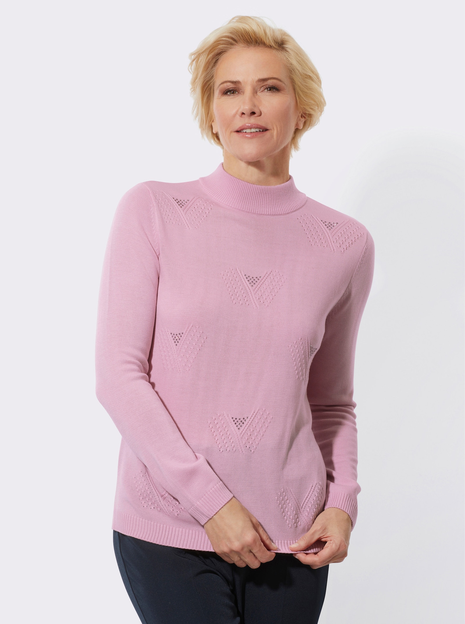 Stehkragenpullover mit Glitzersteinchen - rosé