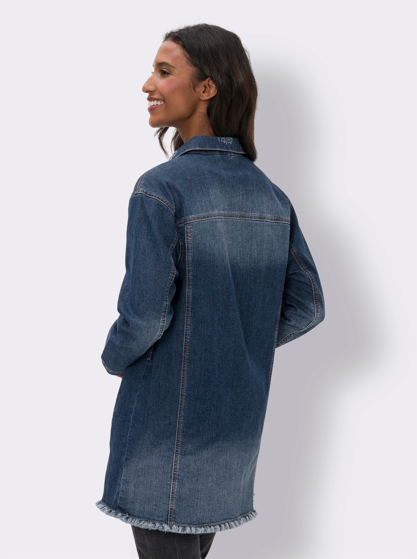 heine Jeansjacke mit Fransen-Kante, Longform - blue-stone-washed