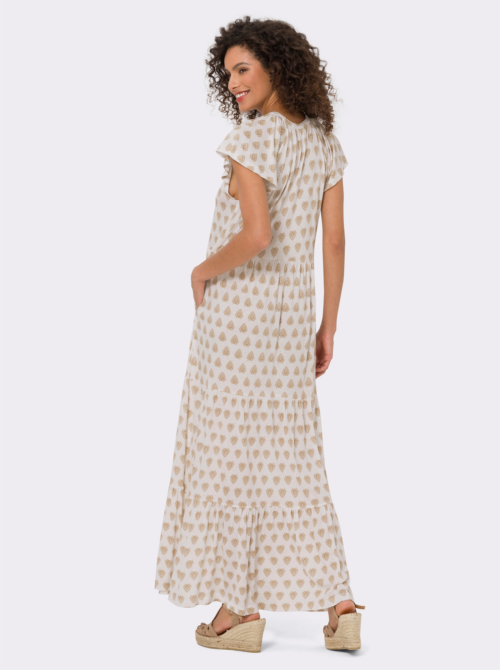 heine Gelaagde jurk met korte vleermuismouwen - ecru/camel bedrukt