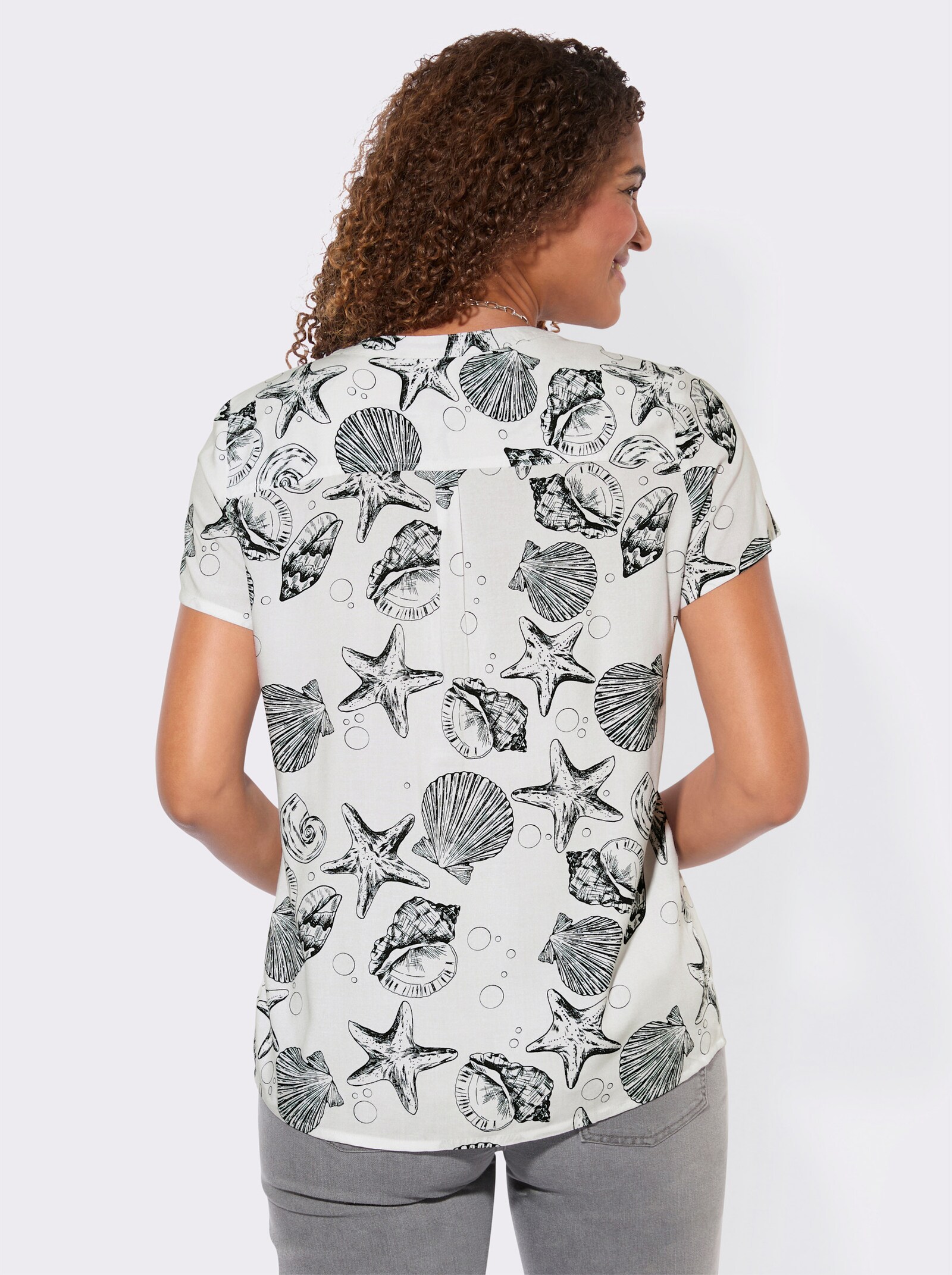Druckbluse aus reiner Viskose - weiß-marine-bedruckt