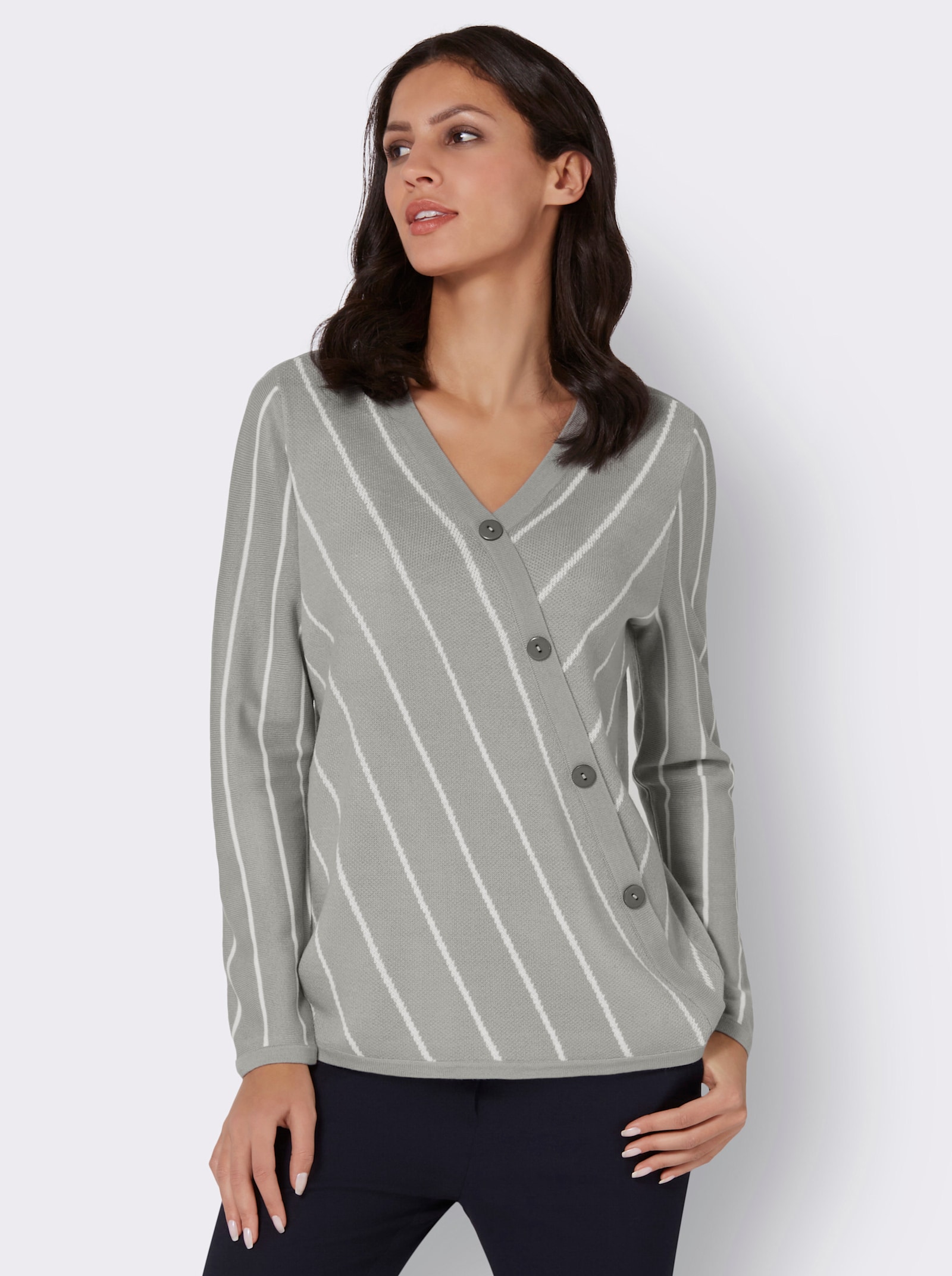 V-Ausschnitt-Pullover mit Jacquard-Muster - steingrau-ecru-gemustert