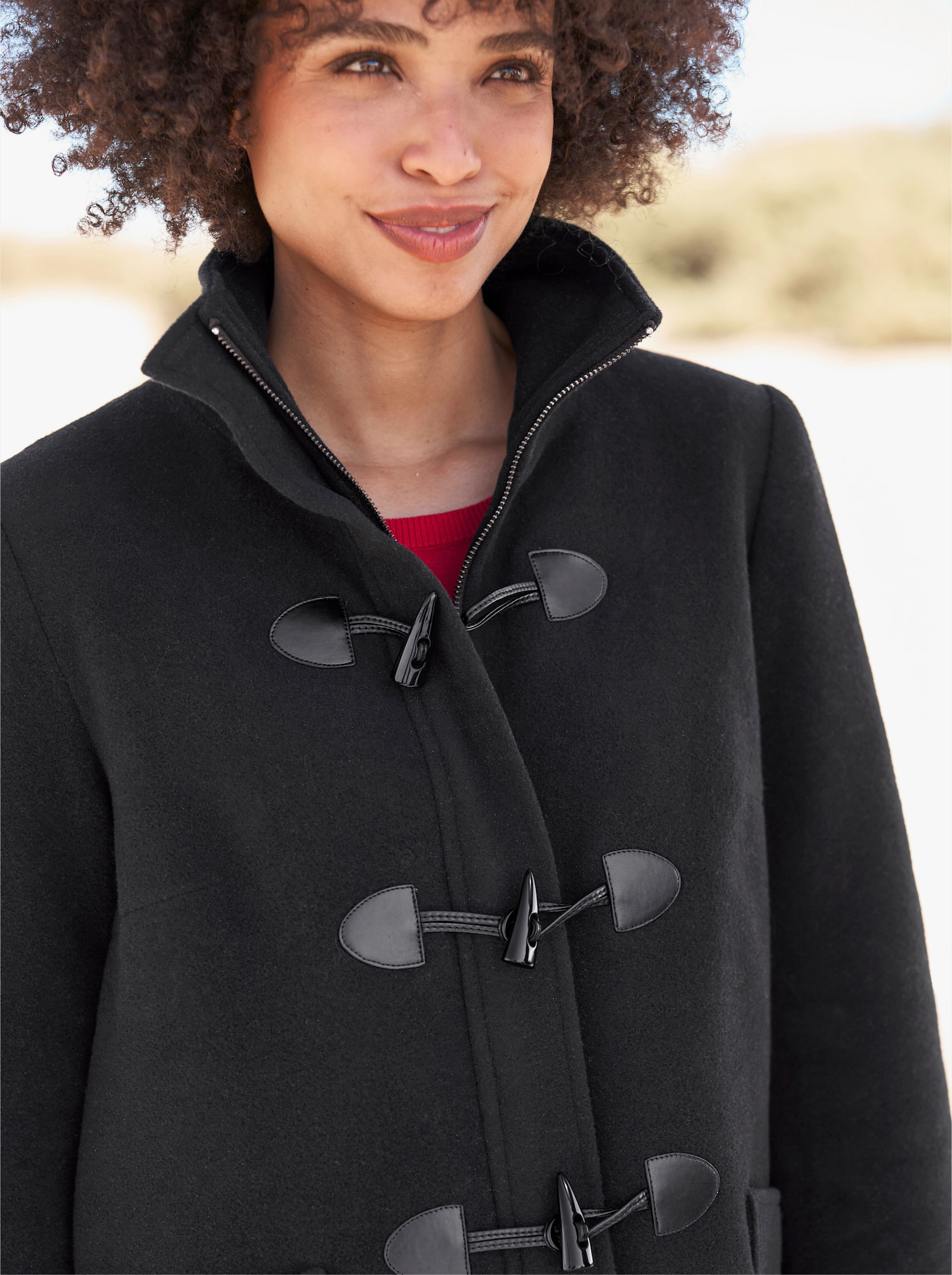 heine Dufflecoat mit Lederimitat-Details - schwarz