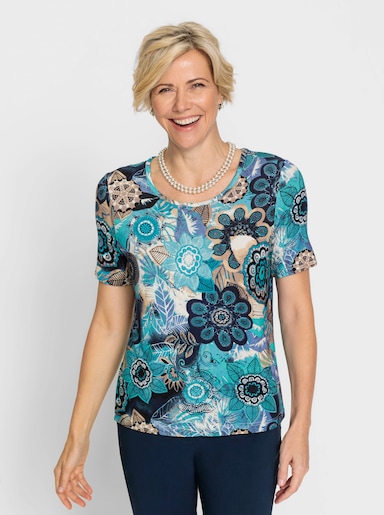 Rundhalsshirt aus Viskose-Stretch, bedruckt - aquamarin-ecru-bedruckt