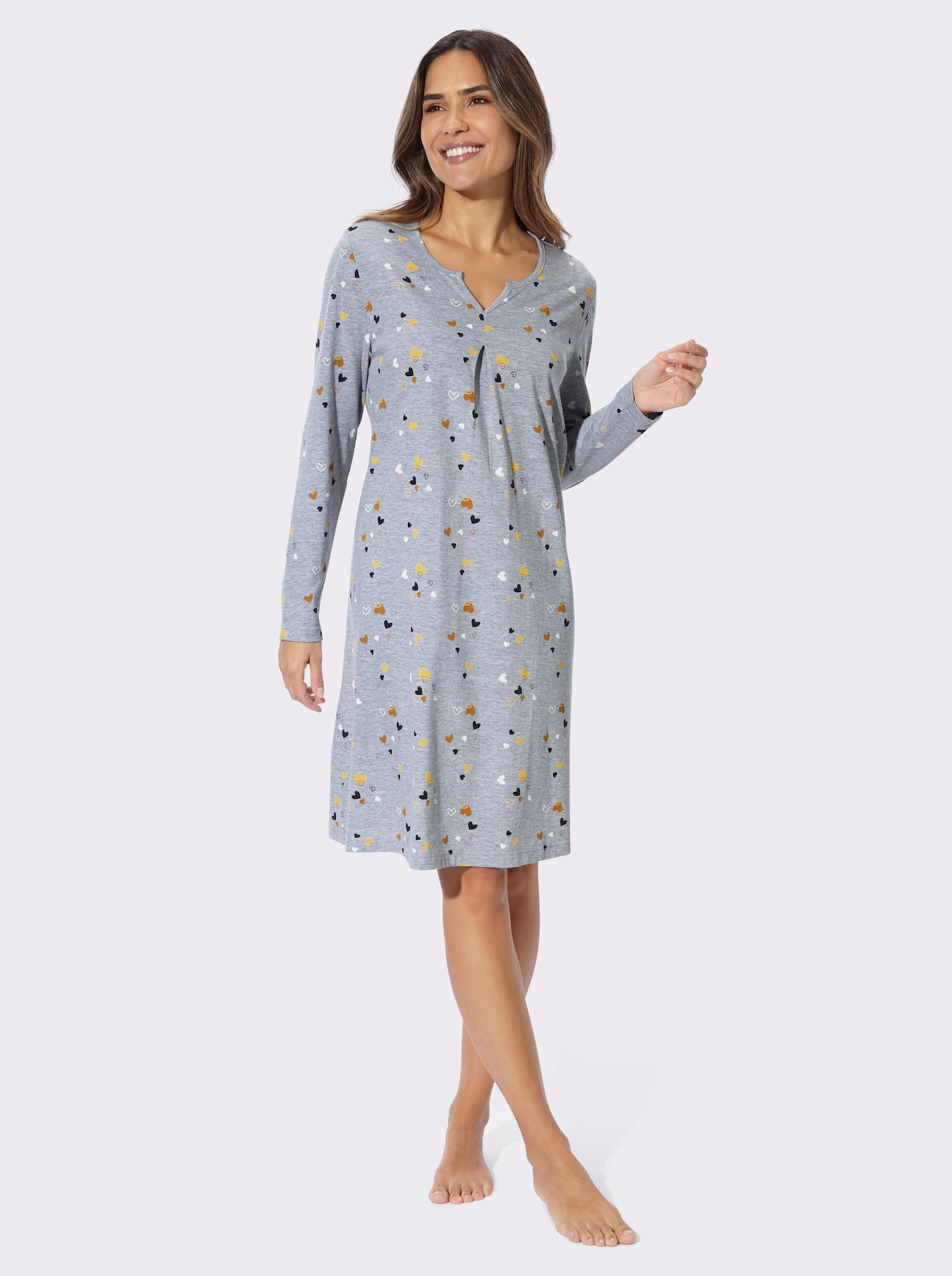 Nachthemd in melierter Qualität - grau-meliert-marine-bedruckt