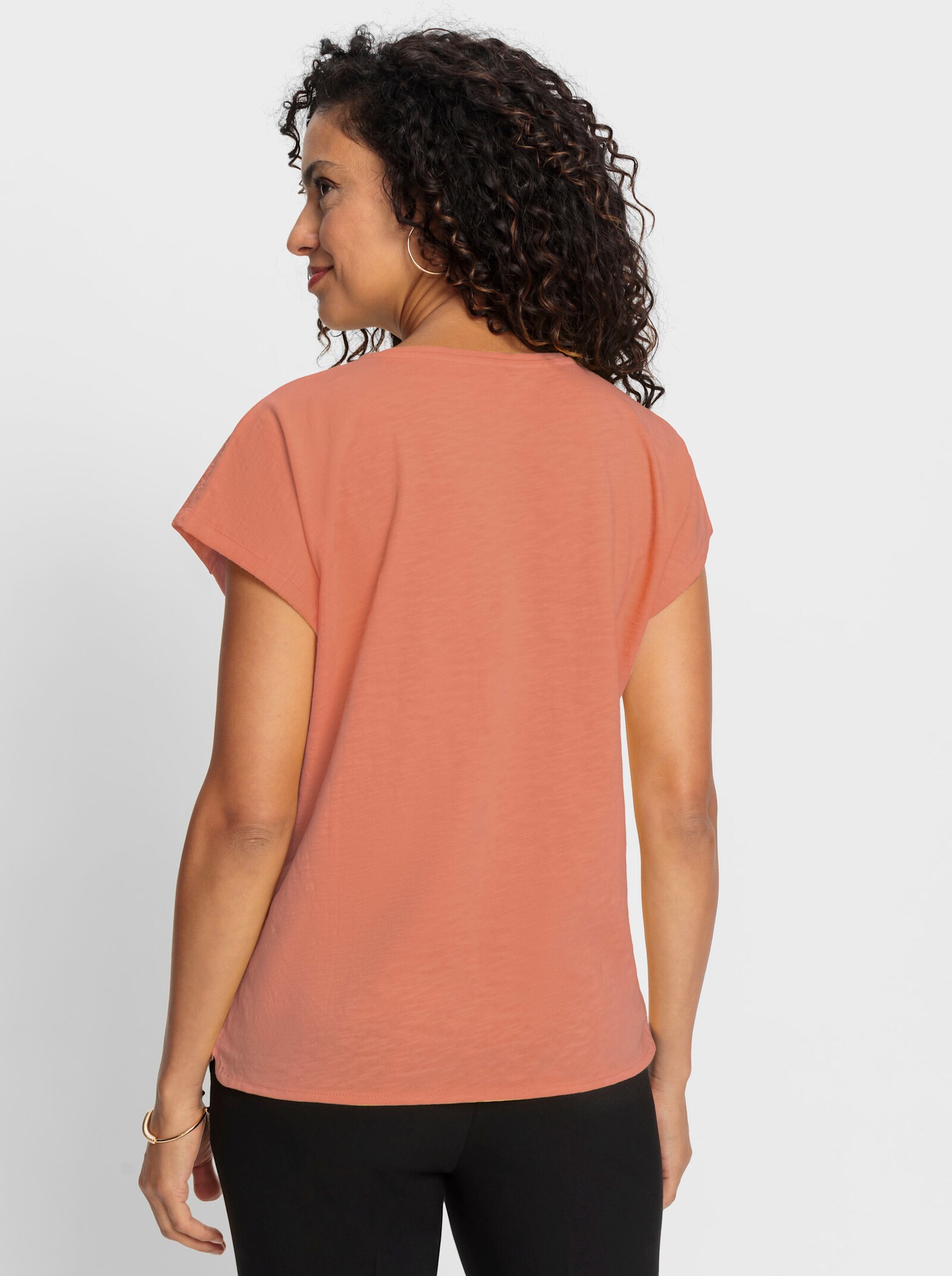 Shirt met korte mouwen en inzet met ajourwerk - papaya