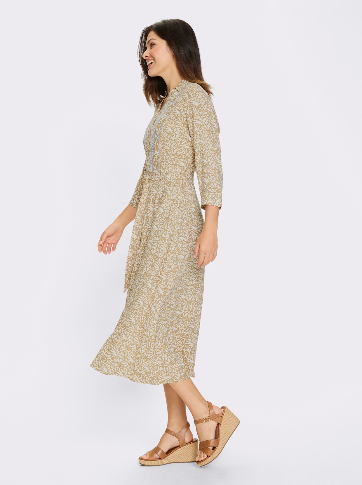 Druckkleid - ecru-camel-bedruckt