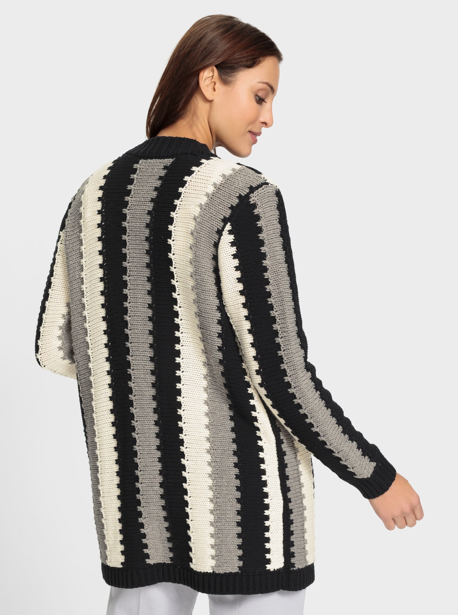 Longstrickjacke mit Längsstreifen-Muster - schwarz-champagner-gemustert