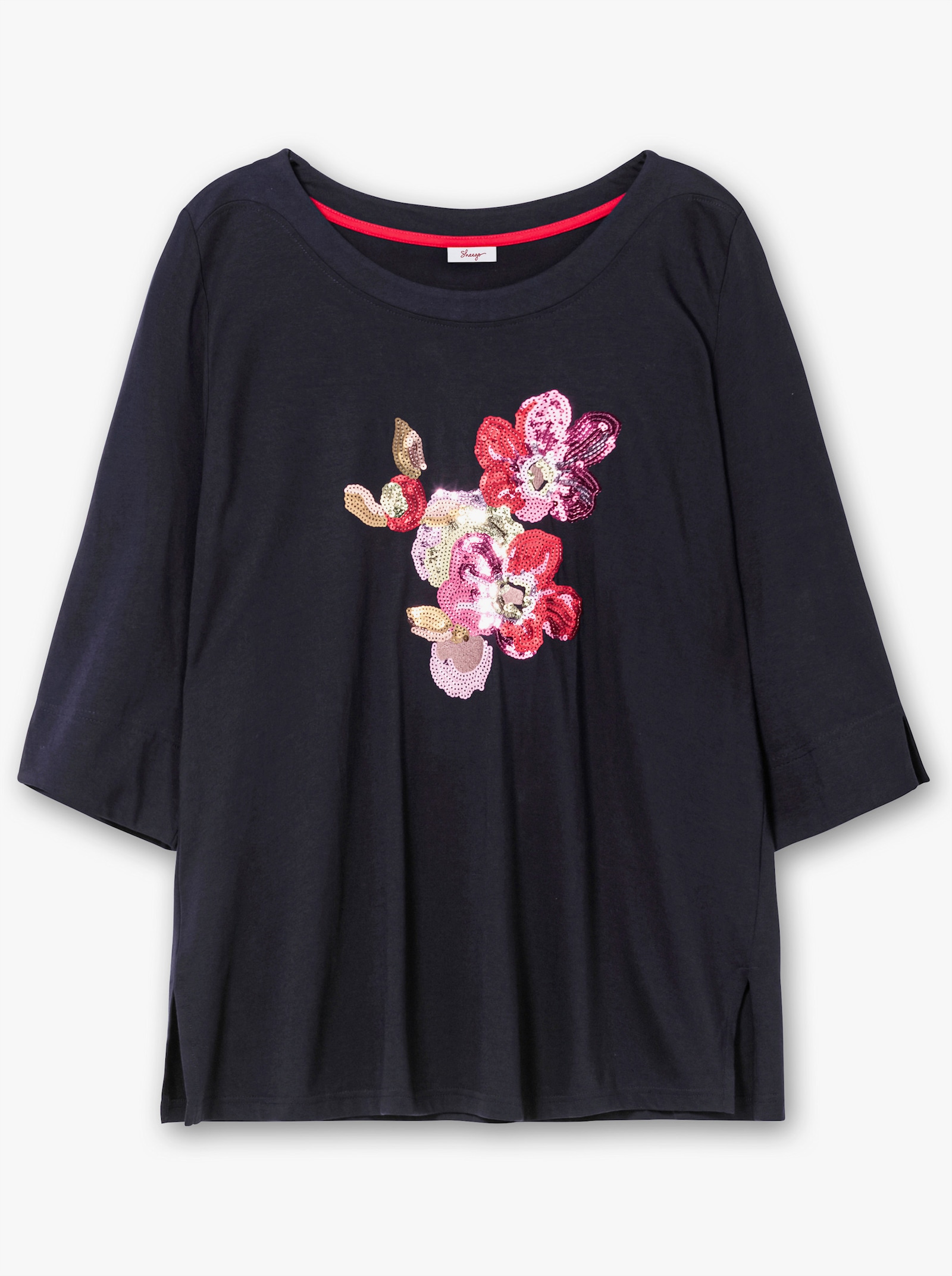 sheego 3/4-Arm-Shirt mit Blumen-Stickerei aus Pailletten - tiefblau