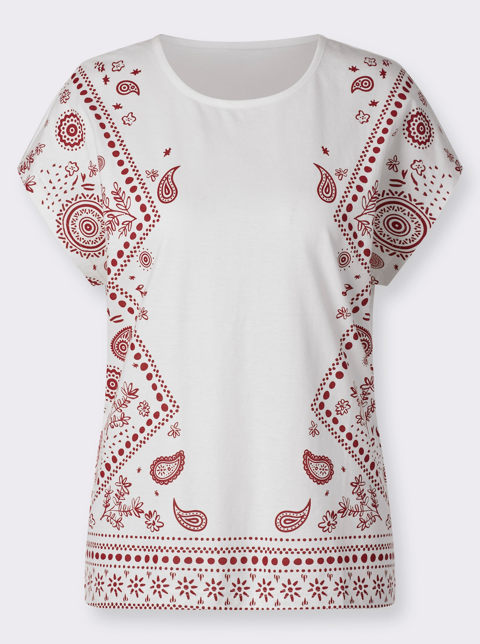 Rundhalsshirt mit platziertem Druck - ecru-dunkelrot-bedruckt