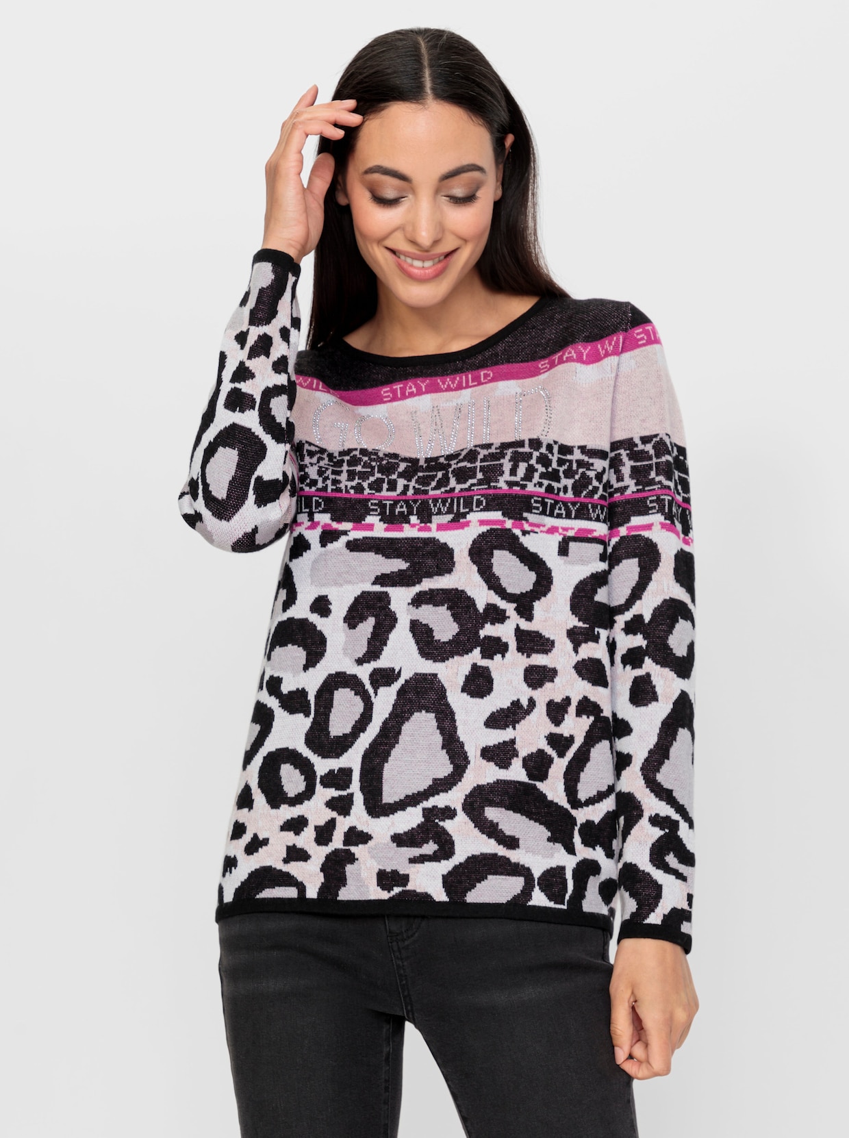 heine Jacquard-Pullover - schwarz-fuchsia-gemustert