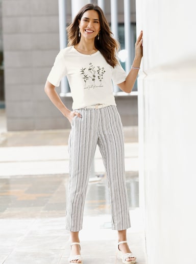 Rundhalsshirt aus reiner Baumwolle - ecru-khaki