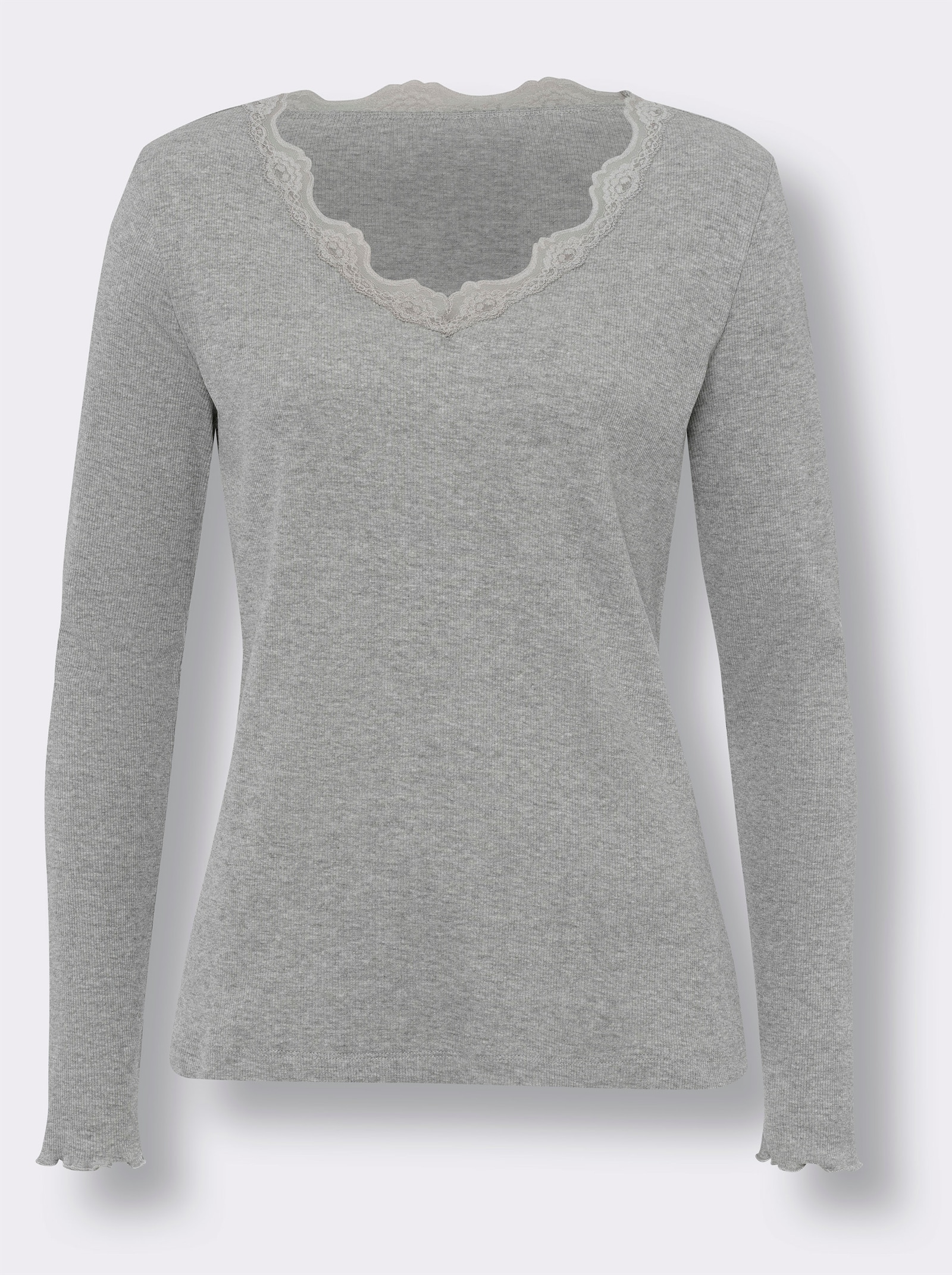 heine V-Shirt mit Spitze am Ausschnitt - hellgrau-meliert