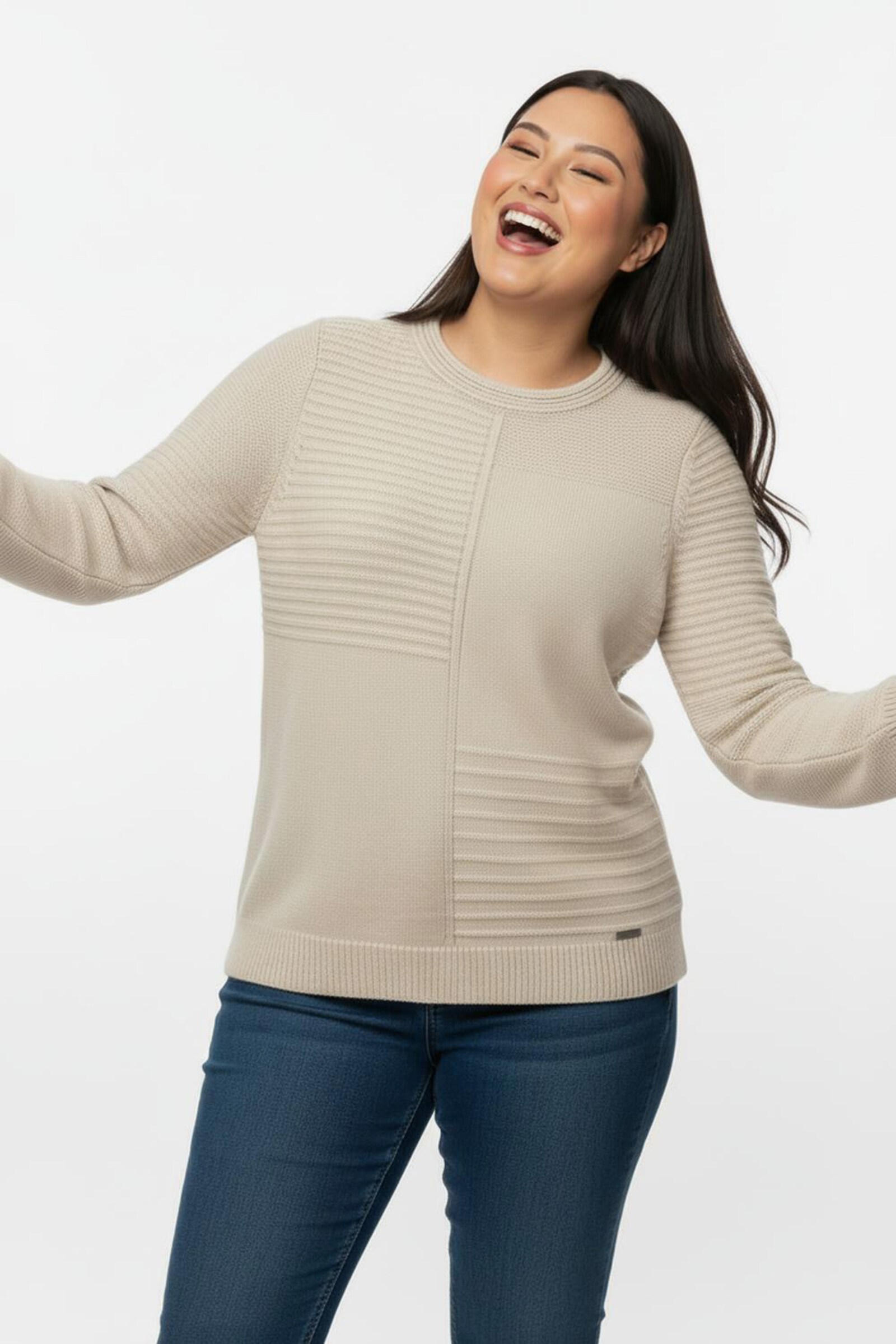 Rundhalspullover im Strickmuster-Mix - elfenbein