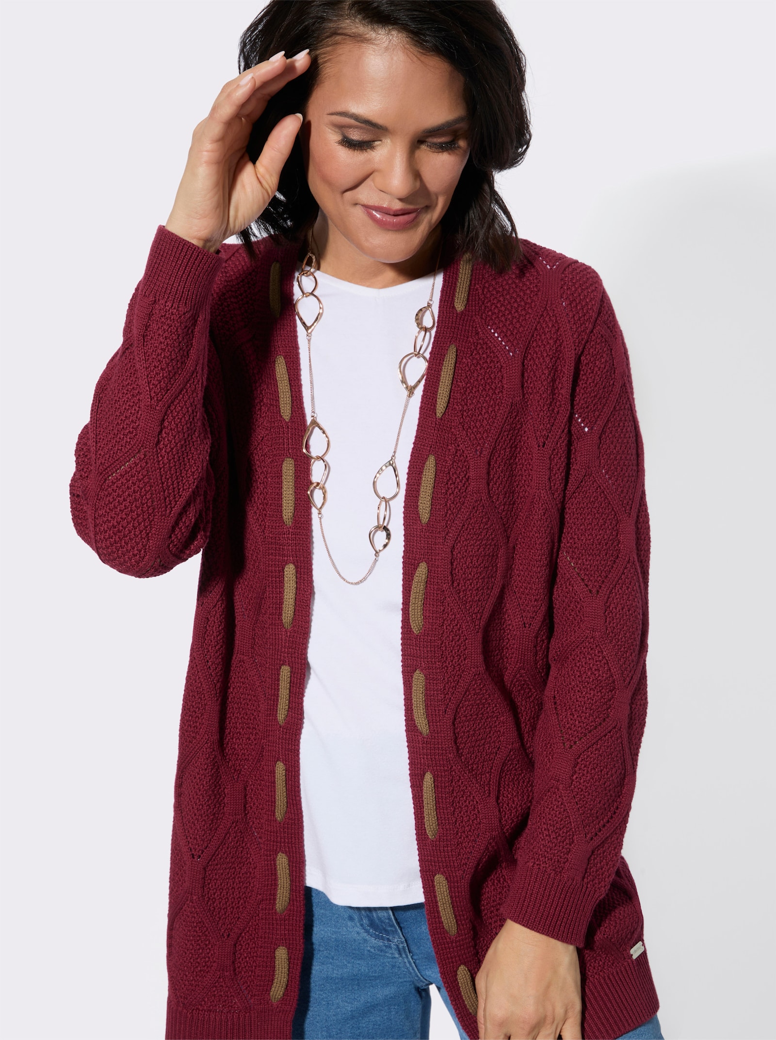 Longstrickjacke mit kontrastfarbigen Details - dunkelrot