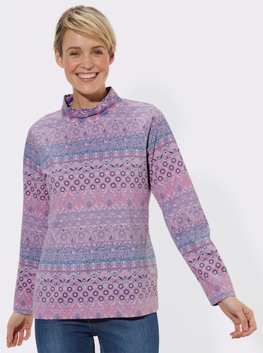 Langarmshirt mit Stehkragen - rosé-taubenblau-bedruckt