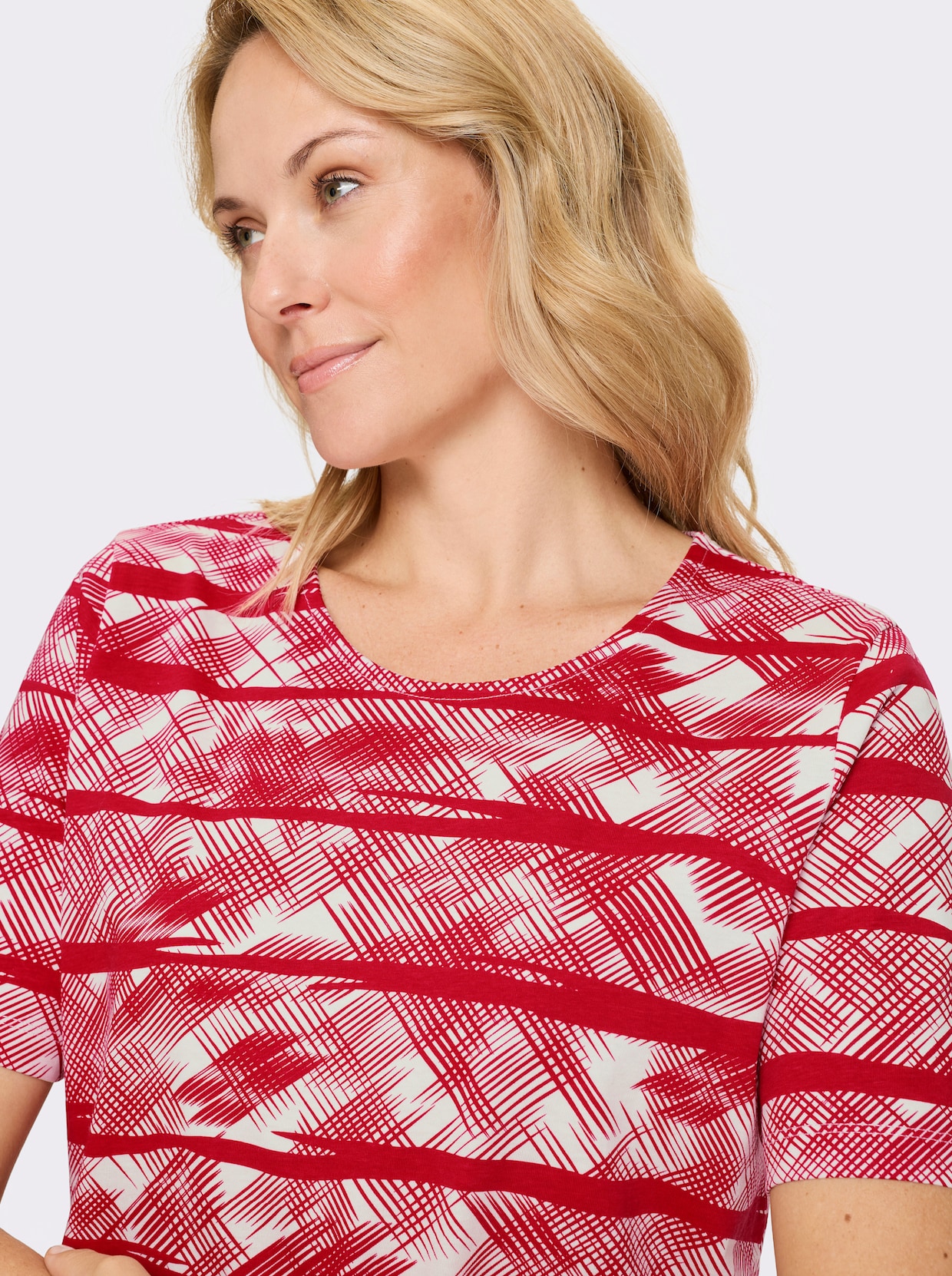 Kurzarmshirt - rot-ecru-bedruckt