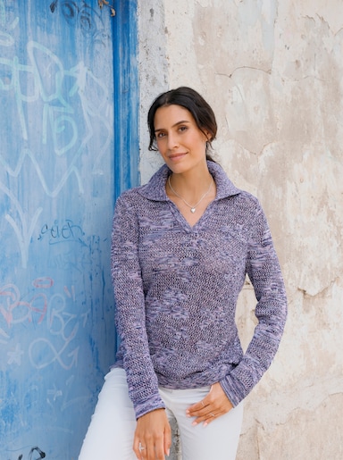 Jacquardpullover mit Polokragen - ecru-marine-gemustert