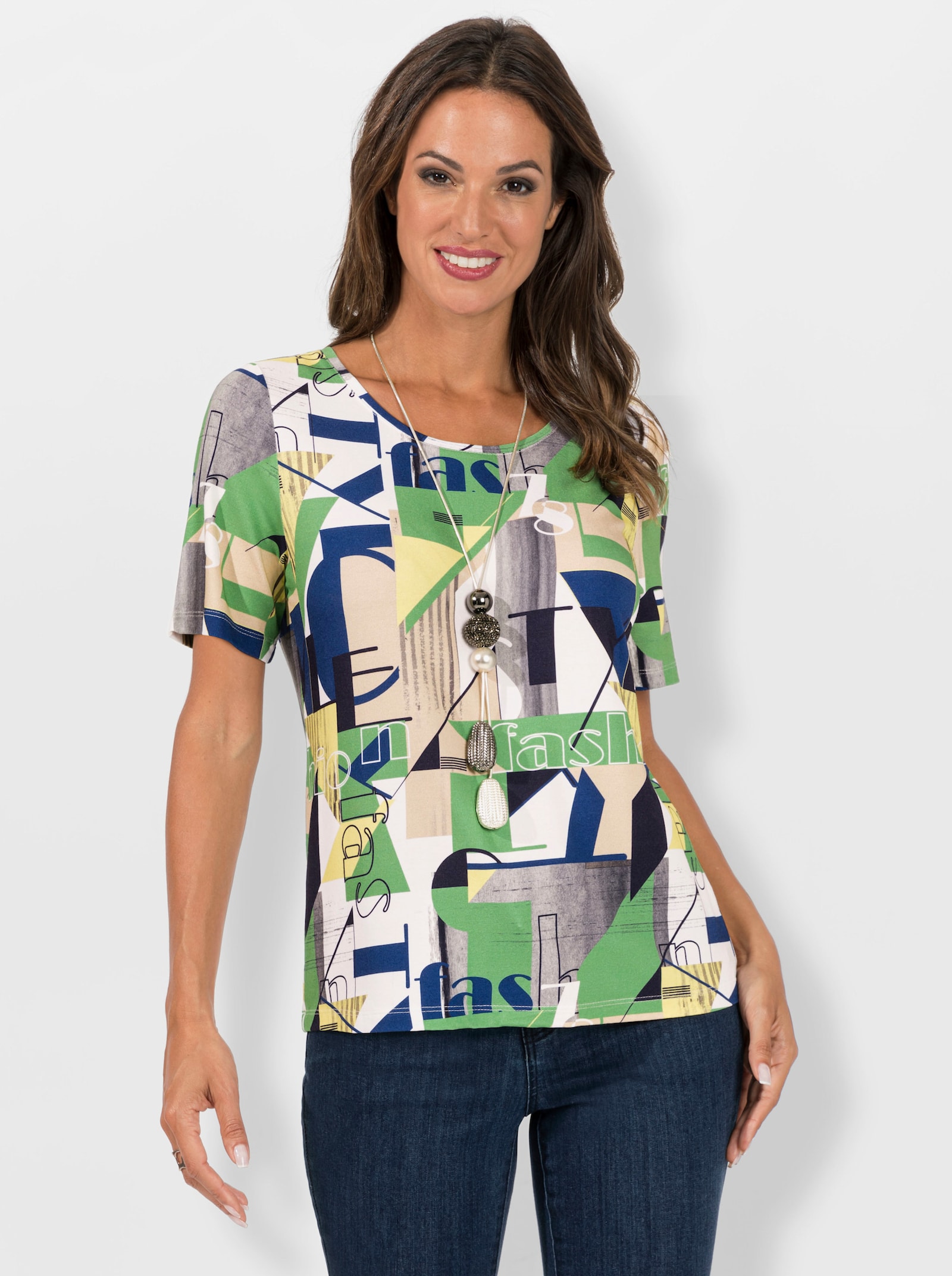 Kurzarmshirt in Viskose-Qualität - nachtblau-apfel-bedruckt