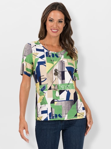 Kurzarmshirt in Viskose-Qualität - nachtblau-apfel-bedruckt