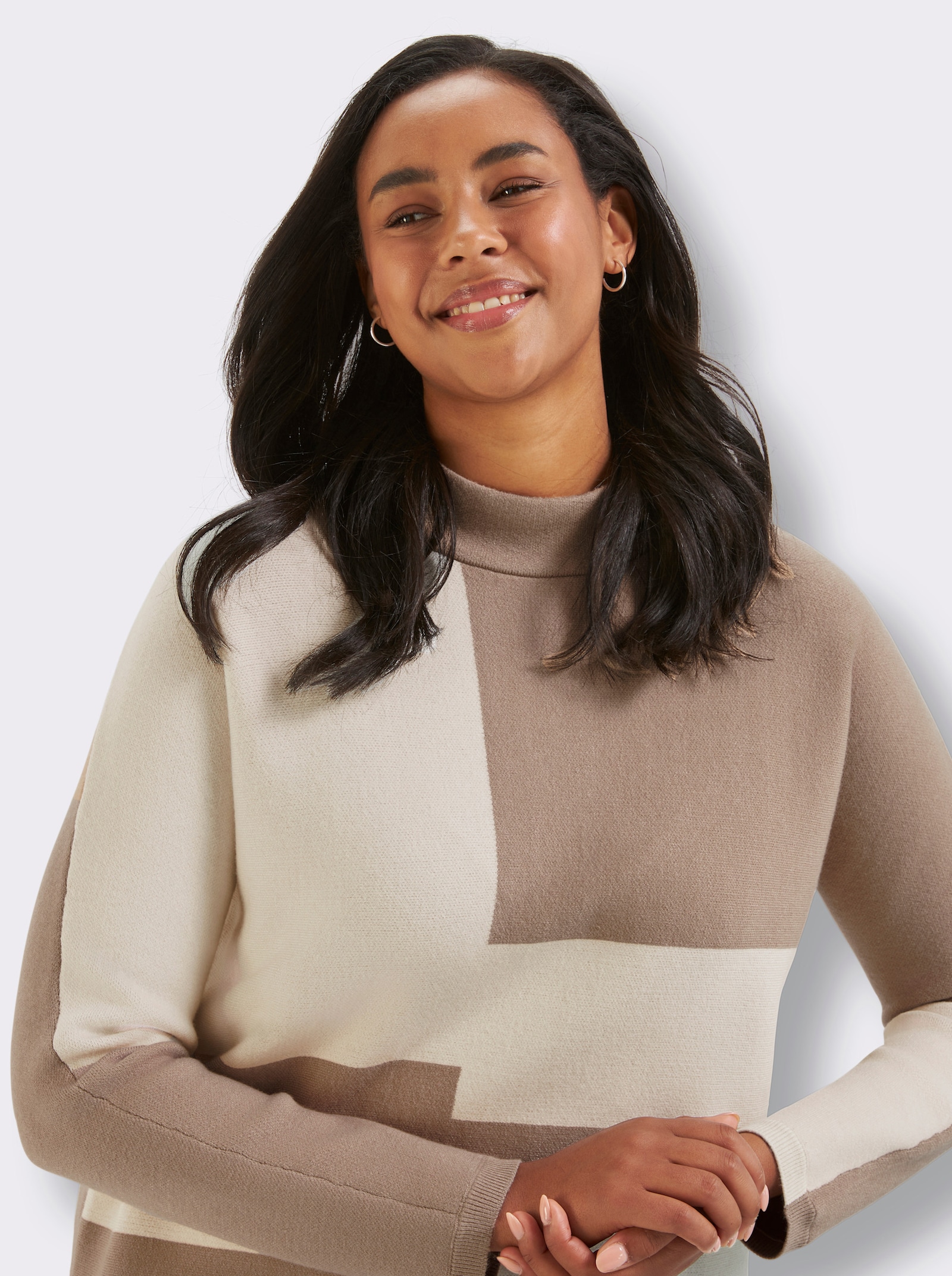 Jacquard-Pullover , Rückenteil einfarbig - beige-ecru-gemustert