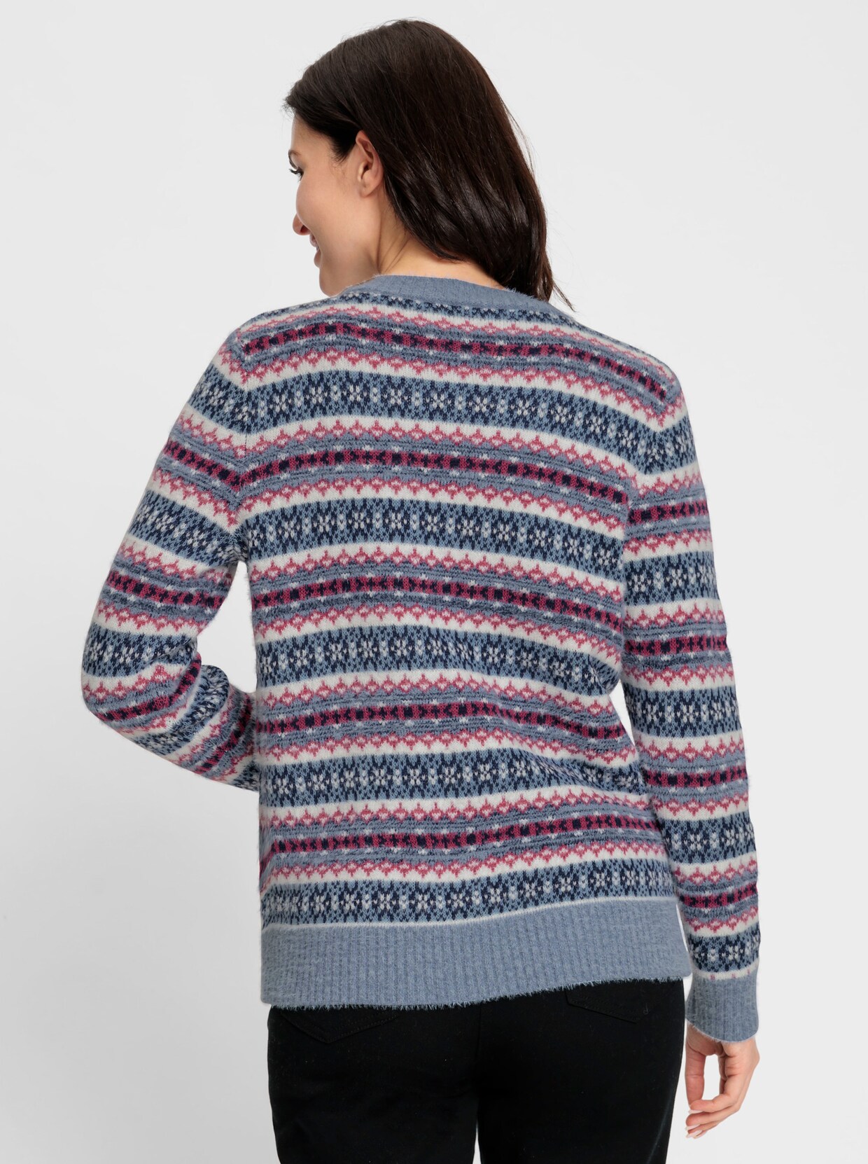 Jacquardstrickjacke - taubenblau-erika-gemustert
