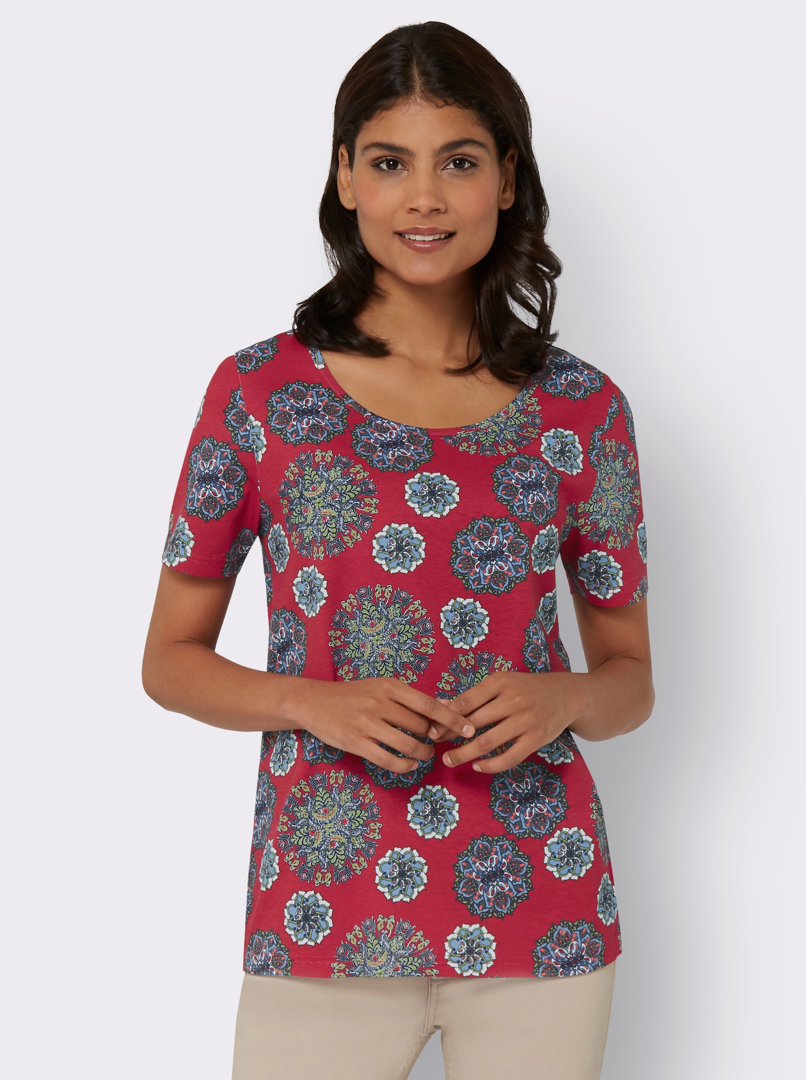 Kurzarmshirt in Mandala-Optik - rot