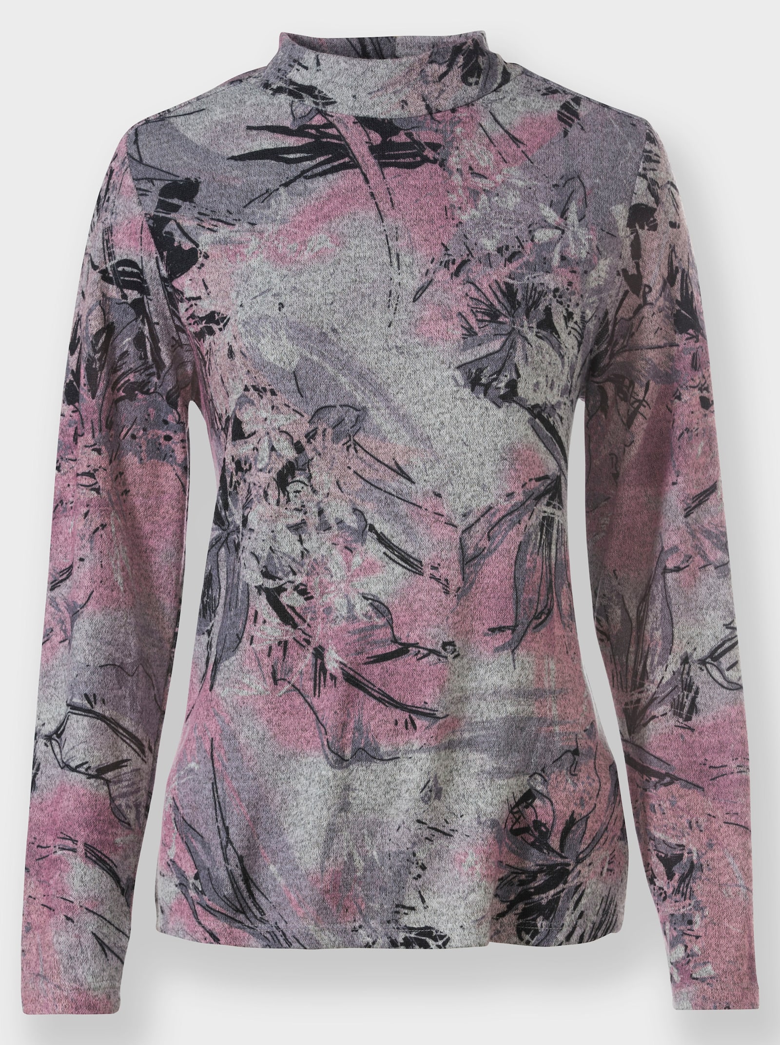 Stehkragenshirt im Grafik-Dessin - steingrau-altrosa-bedruckt