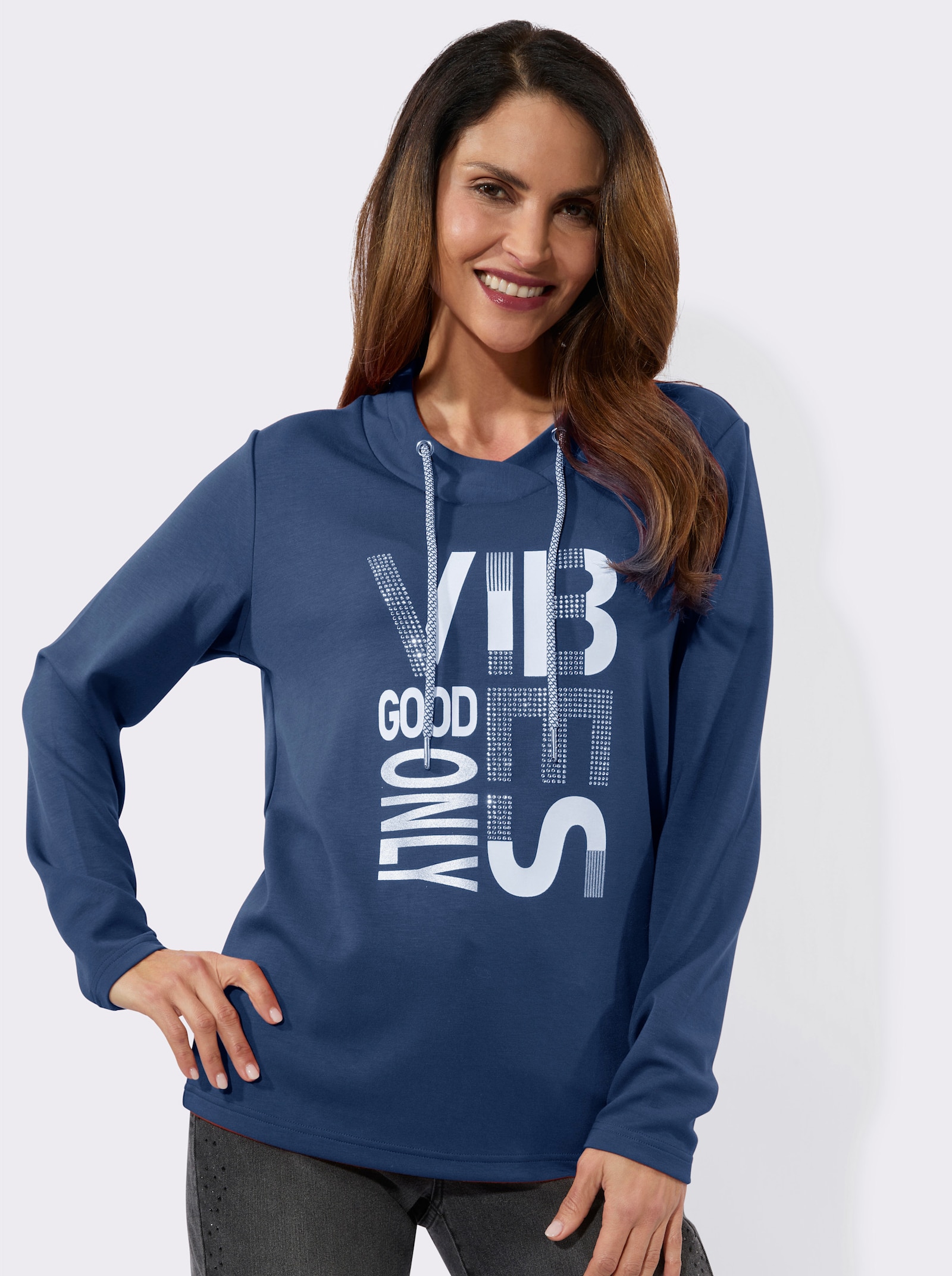 Langarmshirt mit silberfarbigem Print - jeansblau