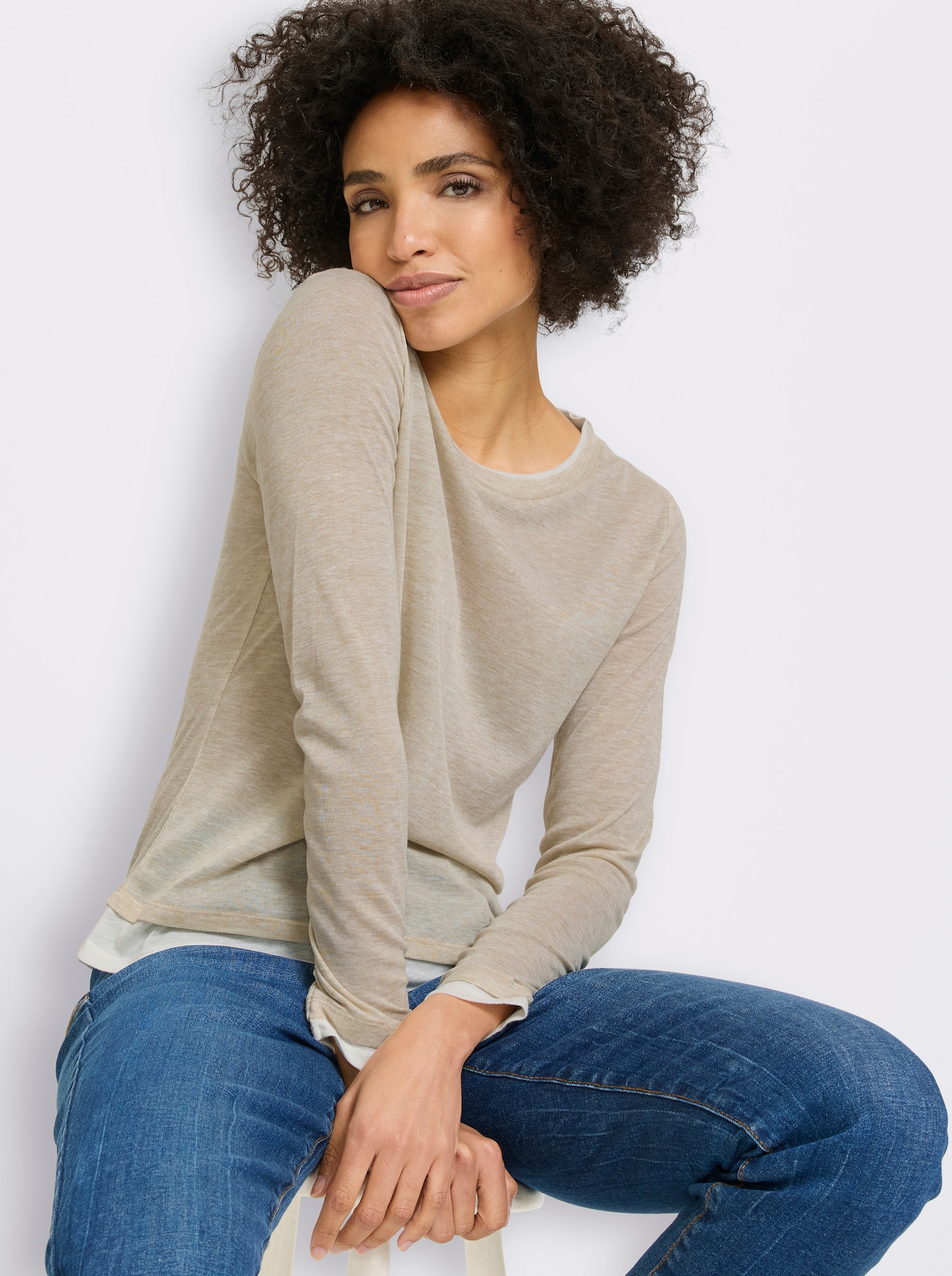 heine 2-in-1-shirt met lange mouwen en contrastkleurige boorden - zand gemêleerd