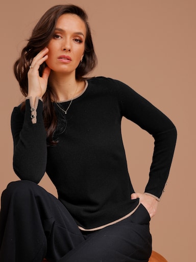 CREATION L PREMIUM Wollpullover mit Kontrastkanten - schwarz-camel