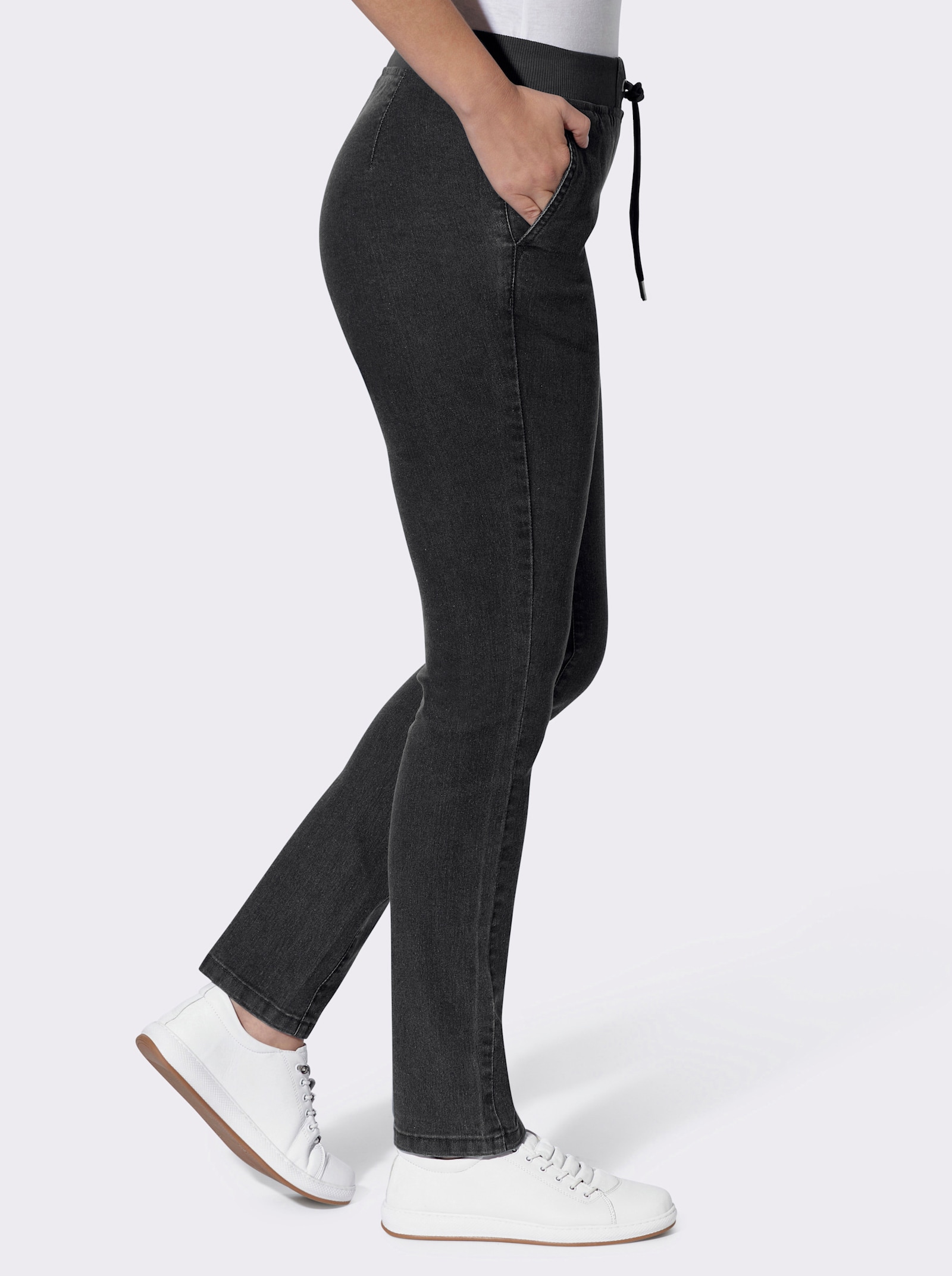 Comfortjeans met ogen en sierband - black denim