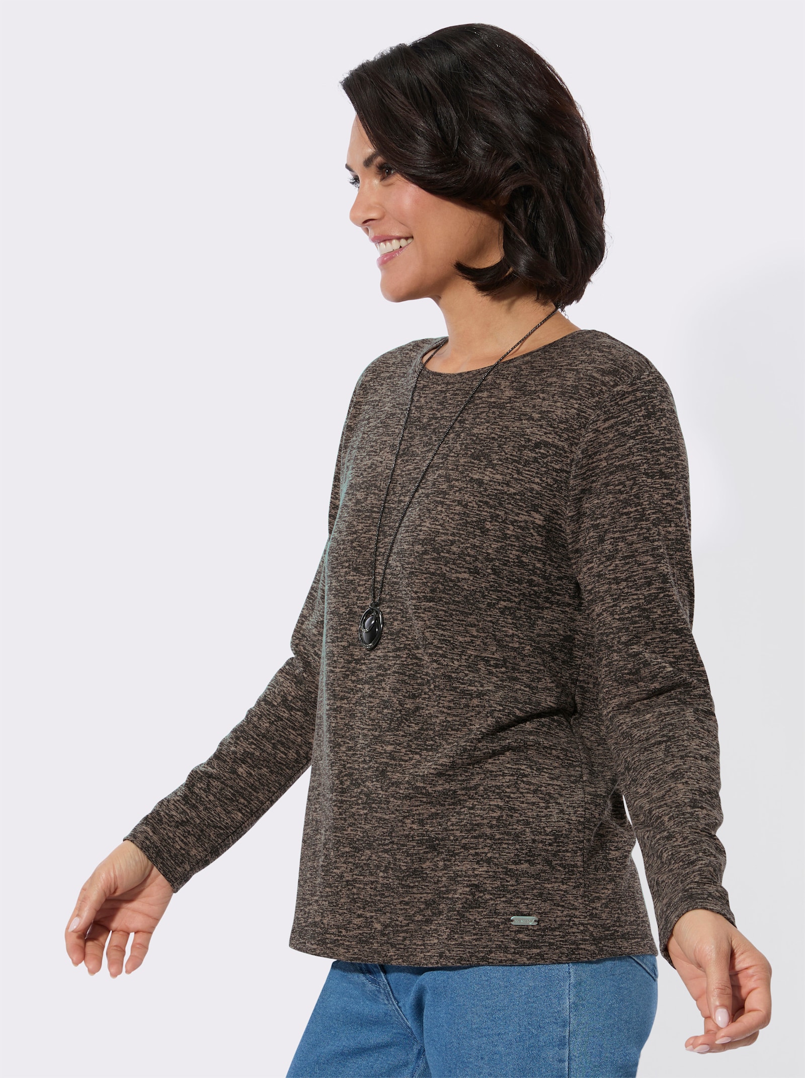 Rundhalsshirt mit Jacquard-Muster - beige-meliert