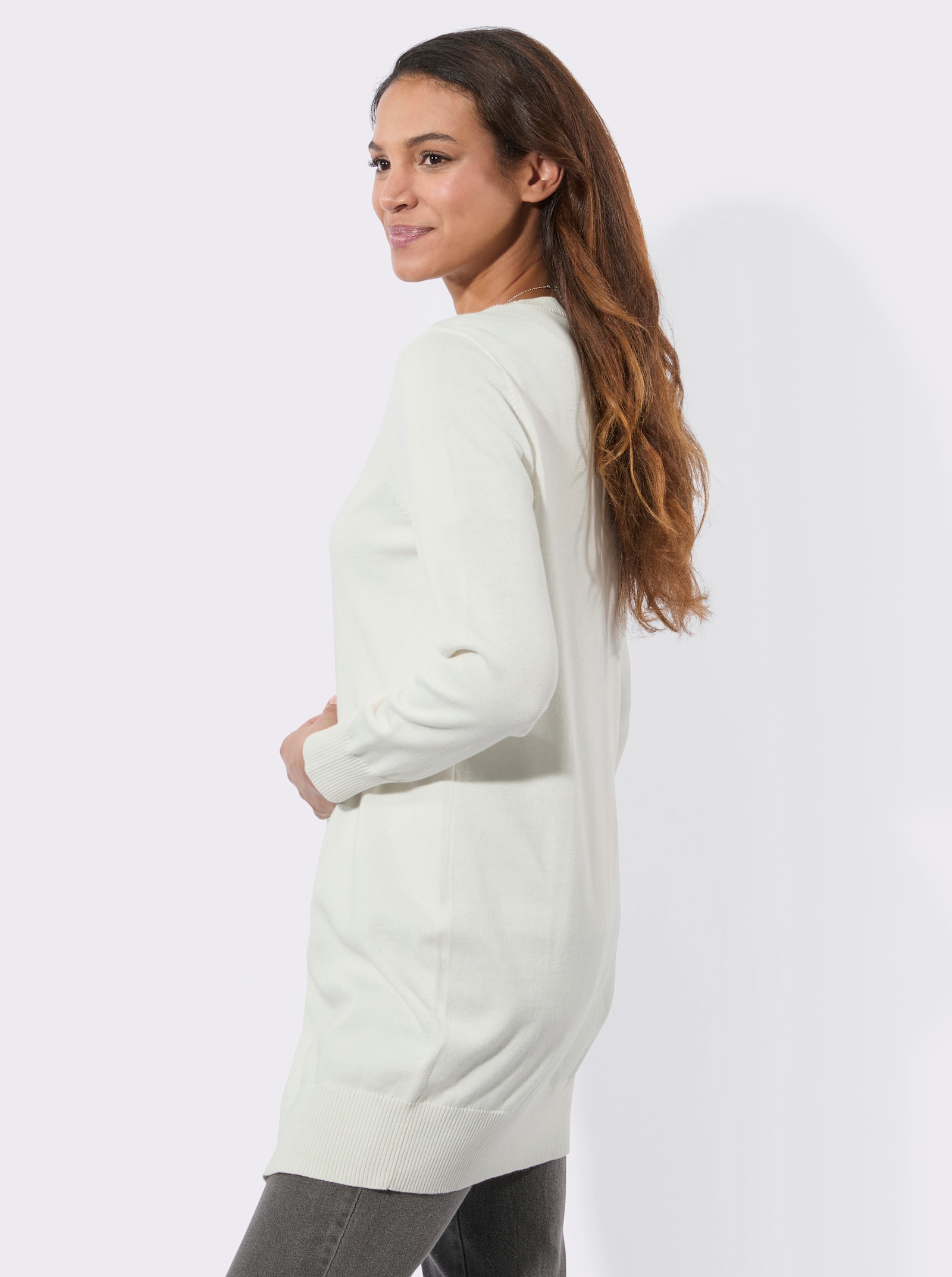 Longstrickjacke mit gerippten Bündchen - ecru