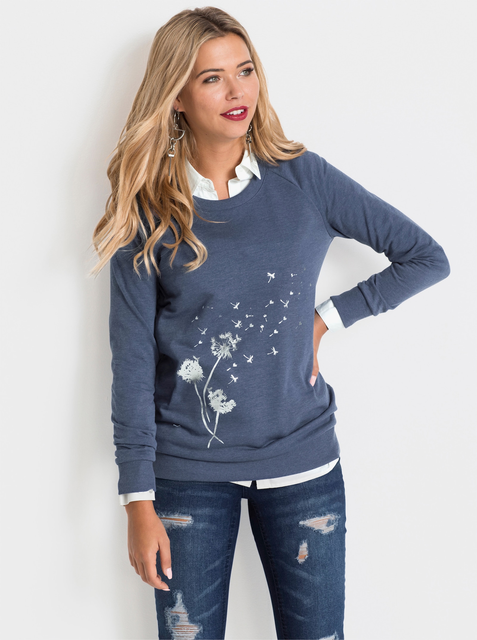 Sweatshirt mit Pusteblumen-Print - aquapetrol-silberfarben-bedruckt