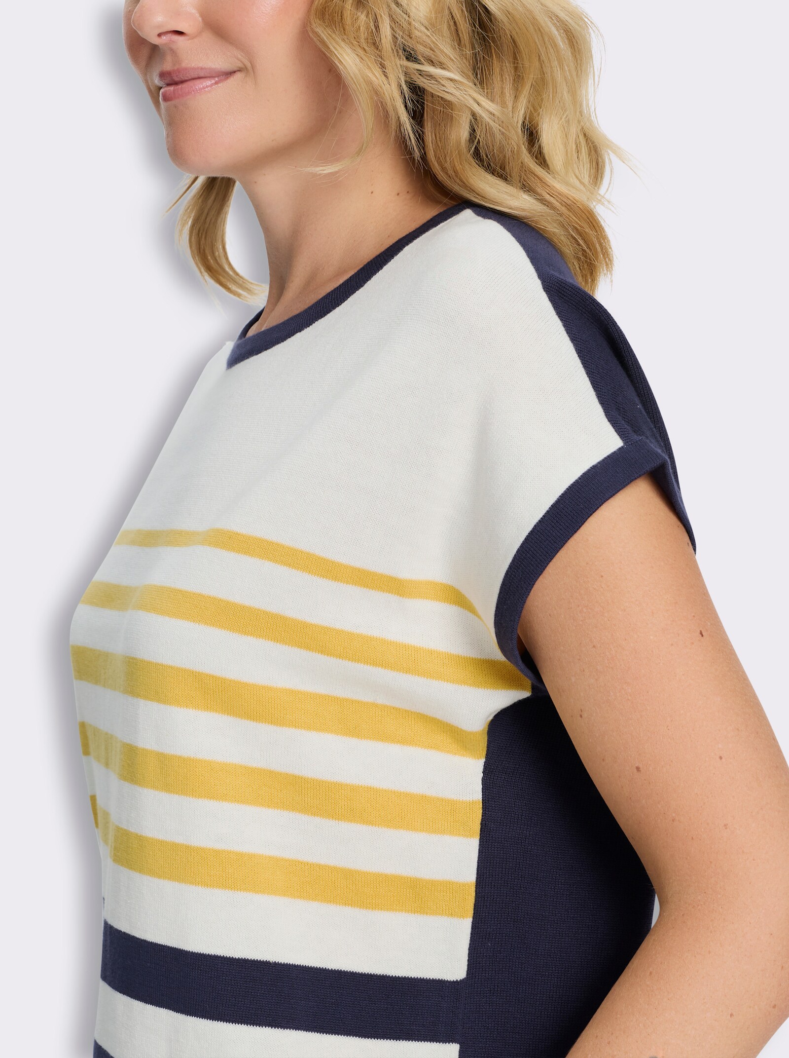 Kurzarmpullover aus reiner Baumwolle, gestreift - gelb-marine-geringelt