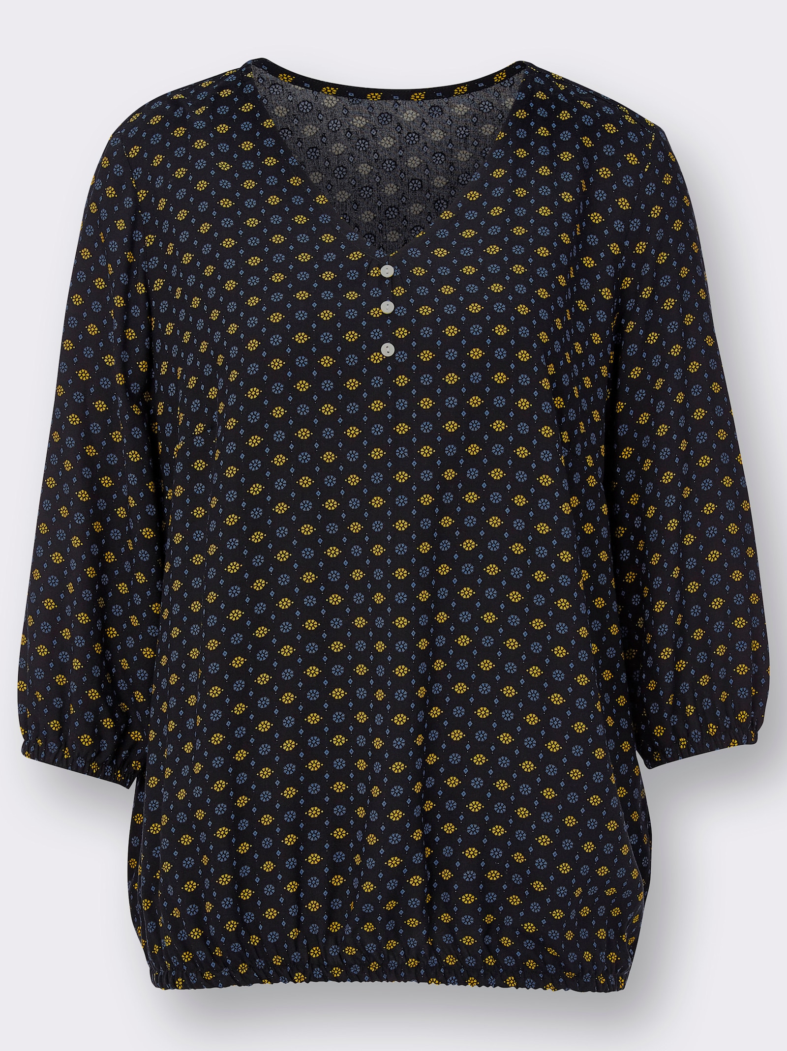 Schlupfbluse mit V-Ausschnitt, reine Viskose - marine-bedruckt