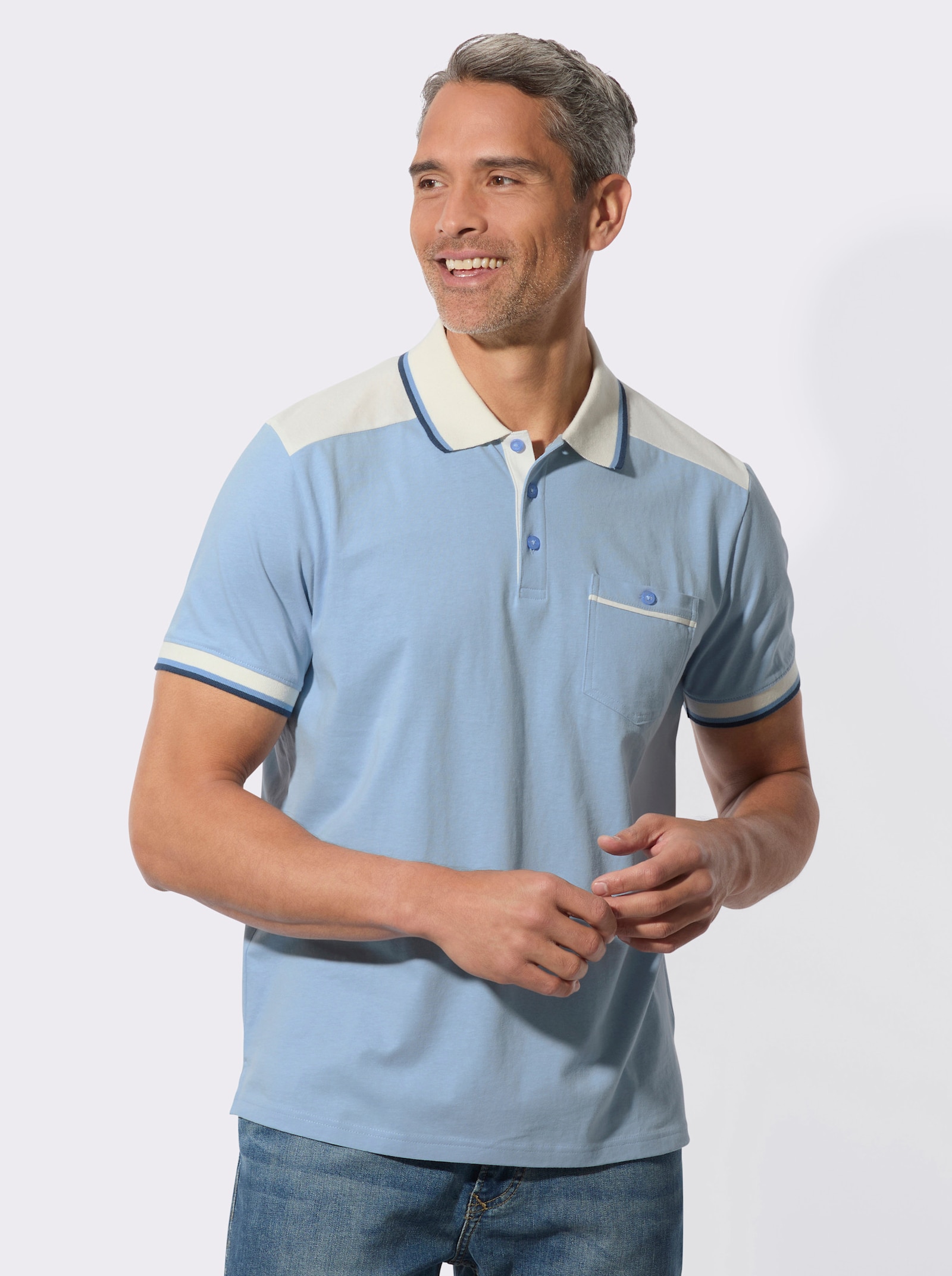 Poloshirt met borstzak met knoop - hemelsblauw