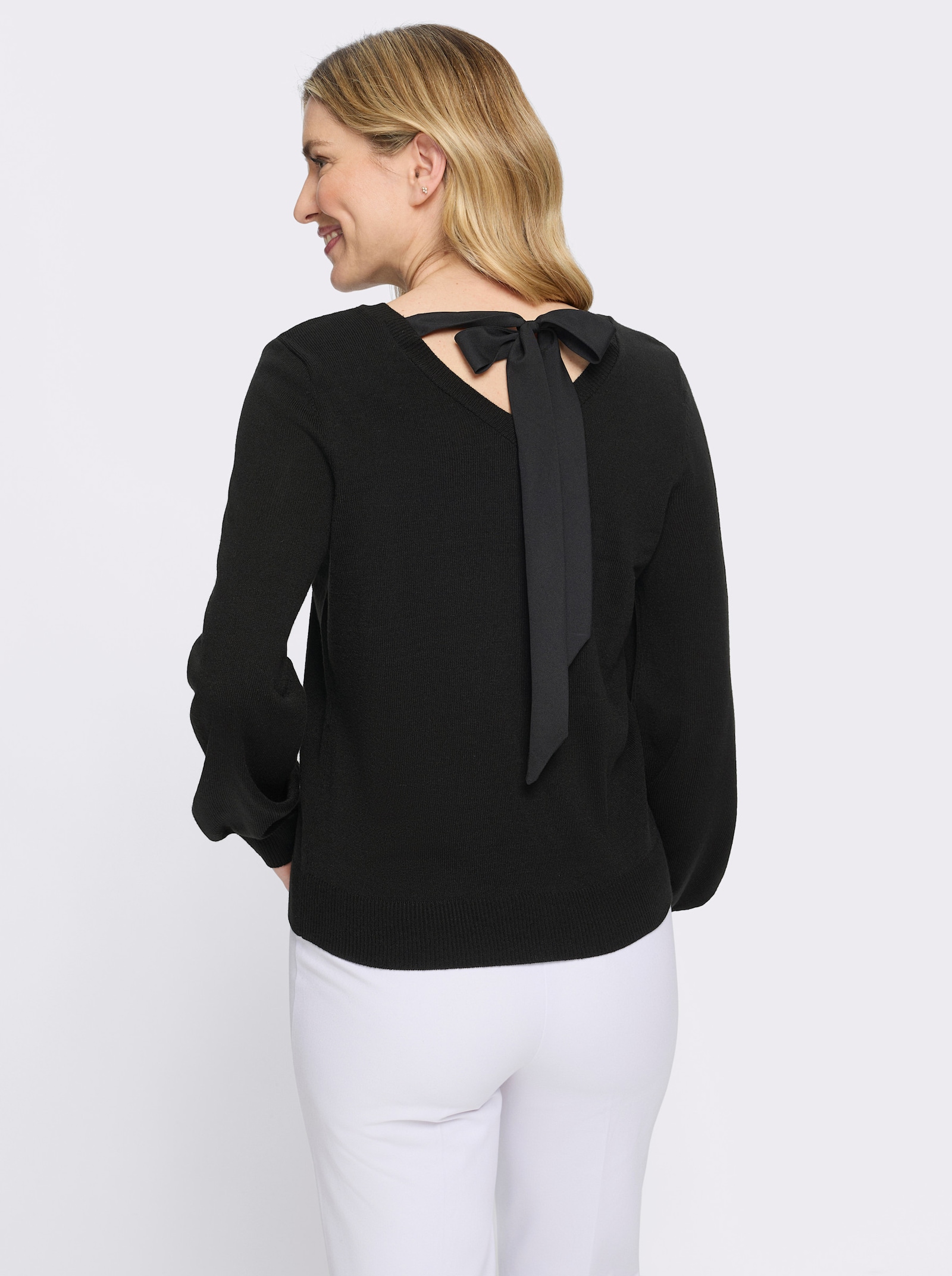 Langarm-Pullover mit Satinschleife im Rückteil - schwarz