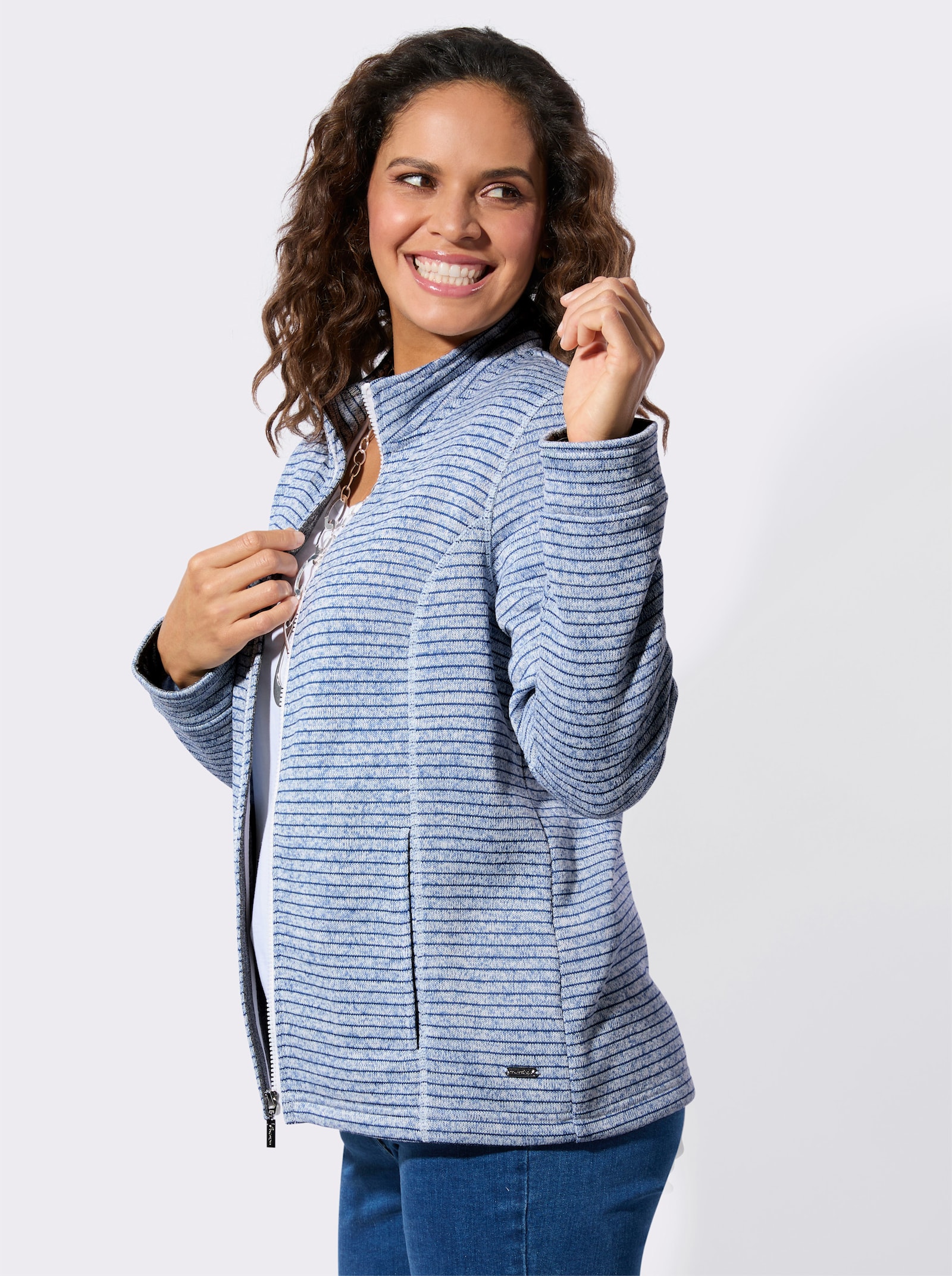 Strickfleecejacke mit Nahttaschen - jeansblau-meliert