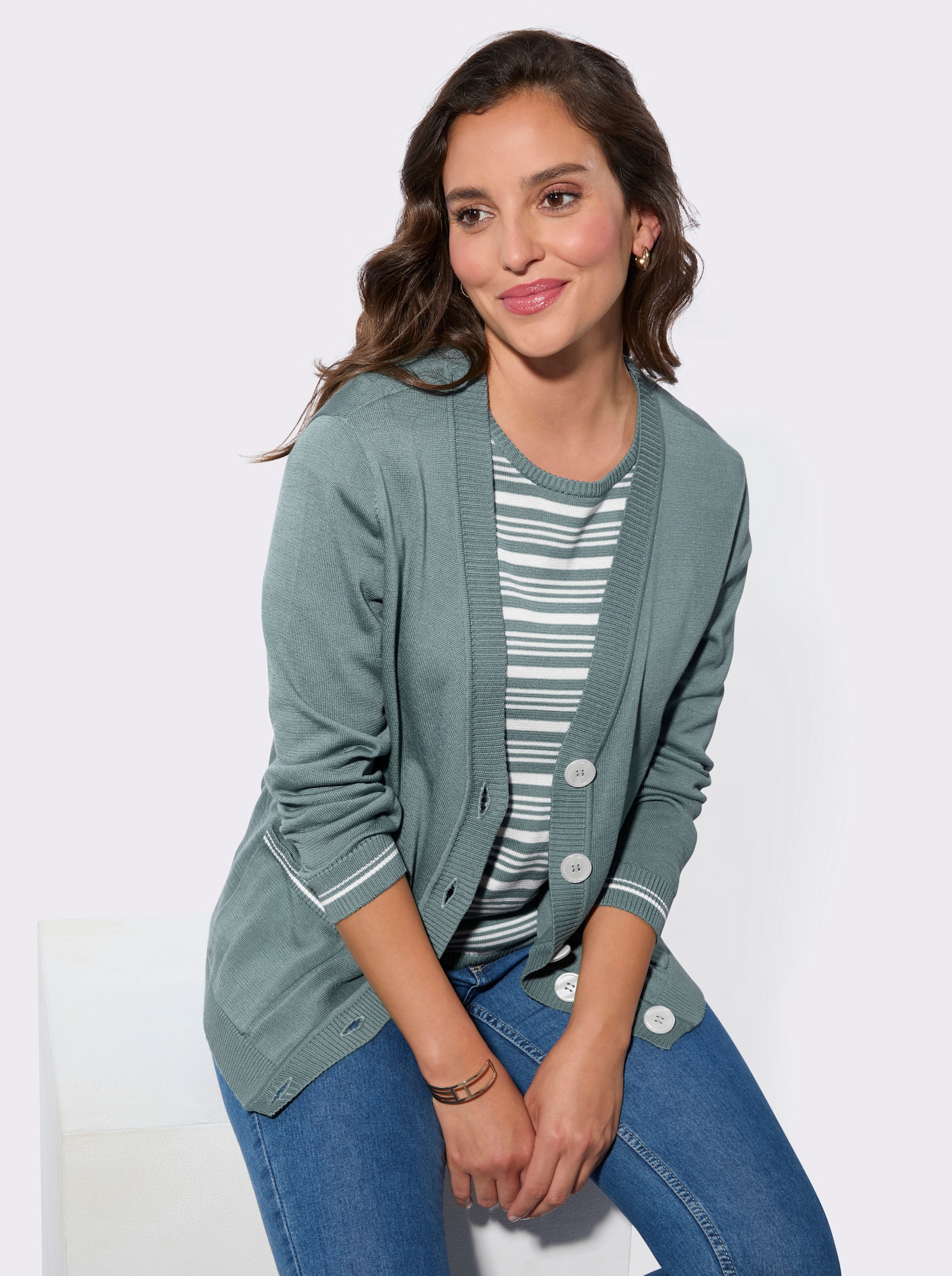 Twin-Set mit Schmuckknöpfen - jade-ecru-geringelt