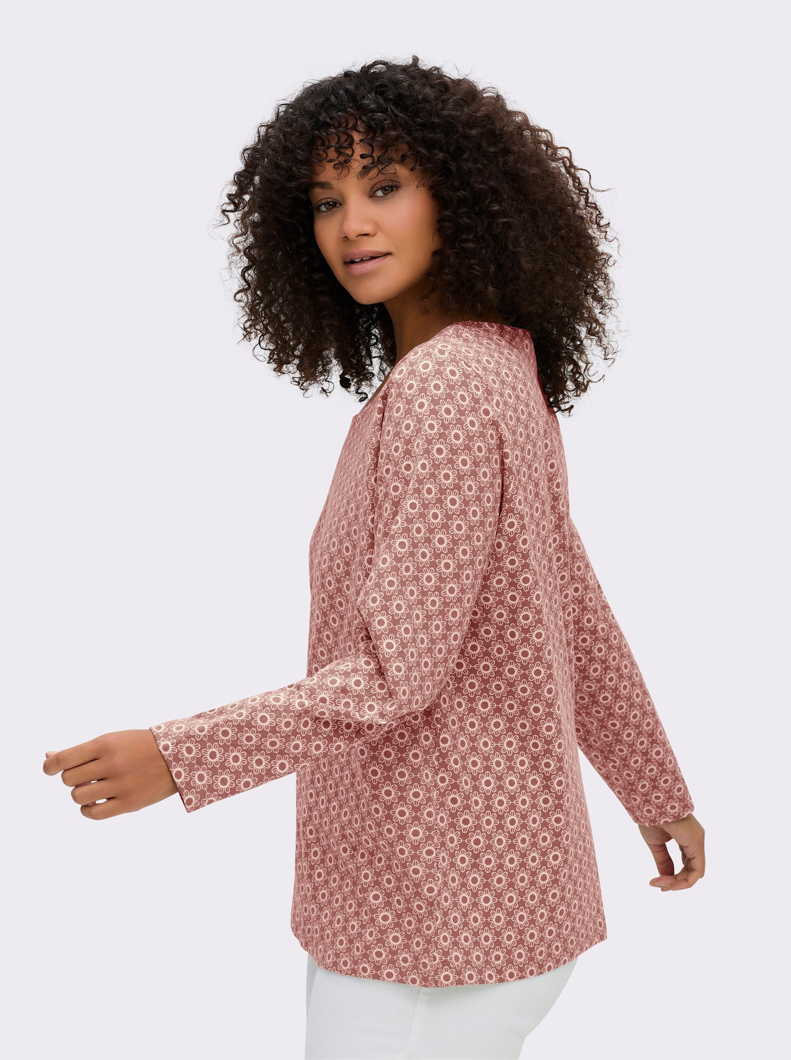 Langarmshirt im Minimal-Dessin - rosenholz-ecru-bedruckt