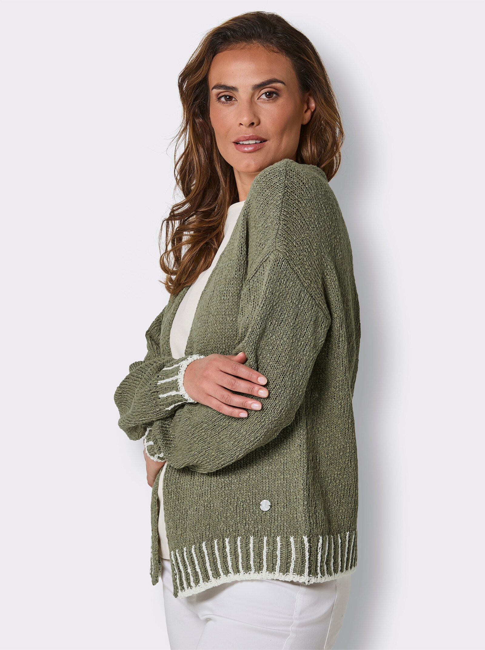 CREATION L PREMIUM Strickjacke mit Kontrast-Streifen - khaki