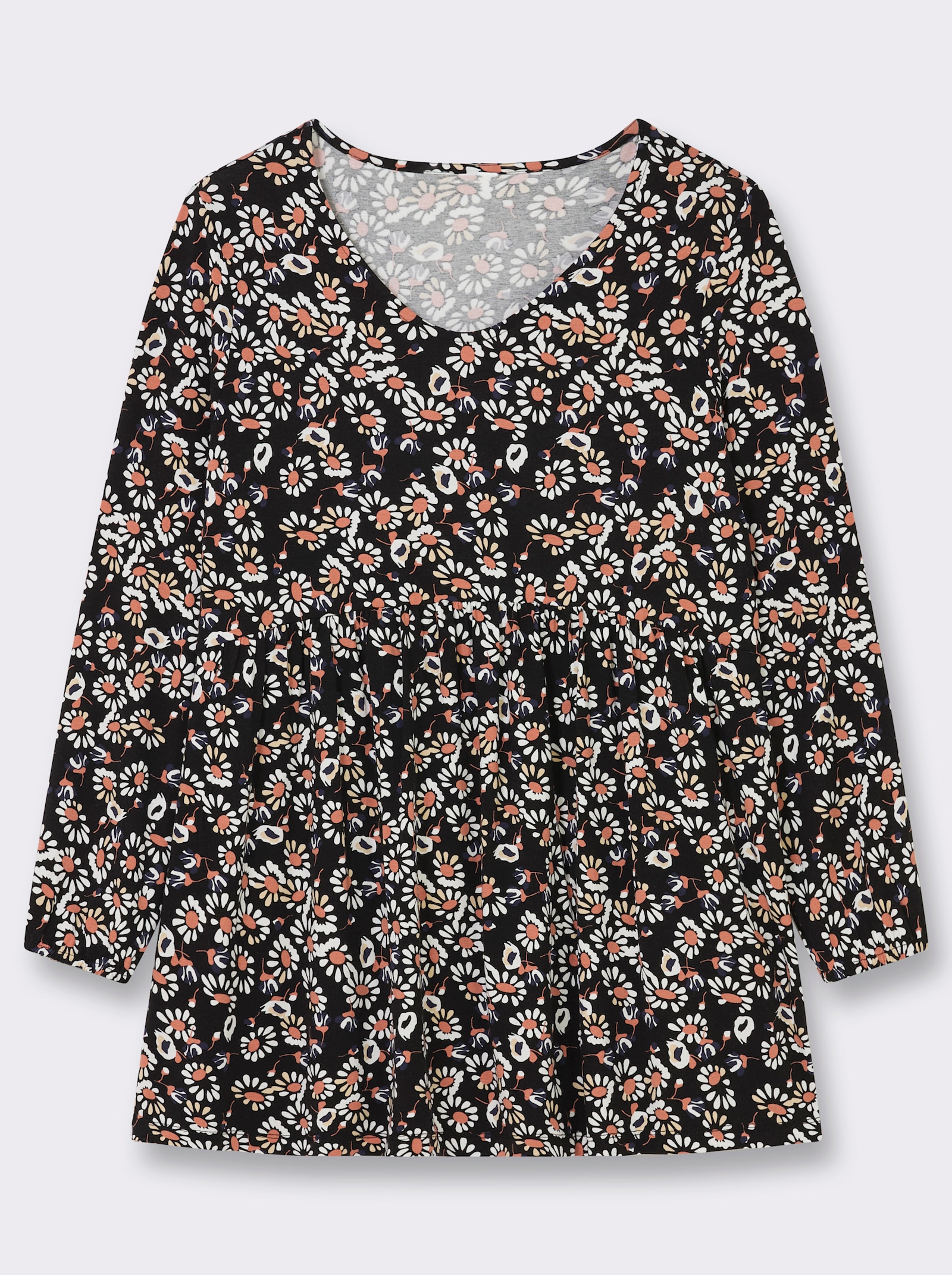 Tunikashirt in A-Linie - schwarz-papaya-bedruckt